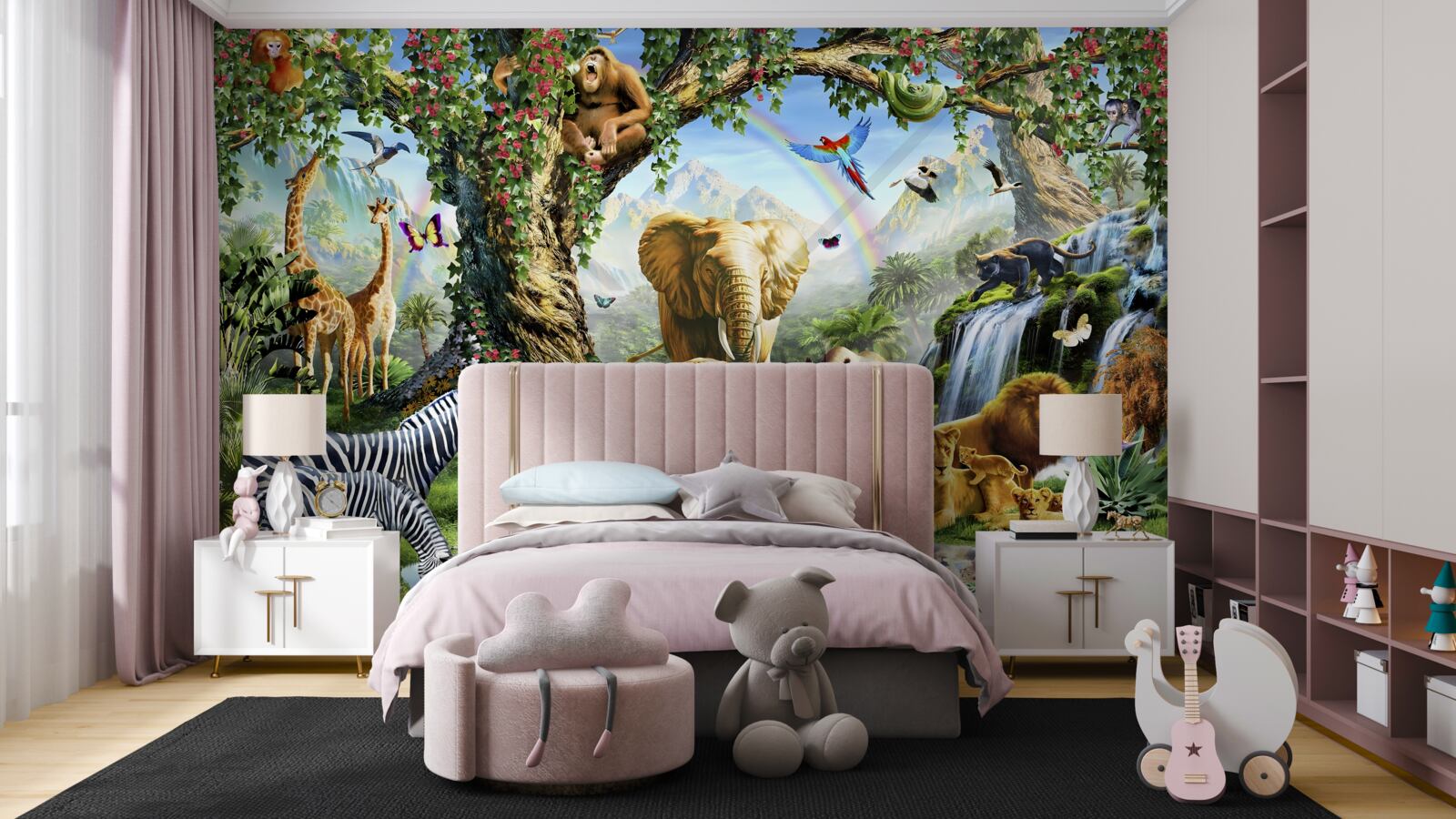 Fototapeta rôzne zvieratá a vtáky v lese pri rybníku