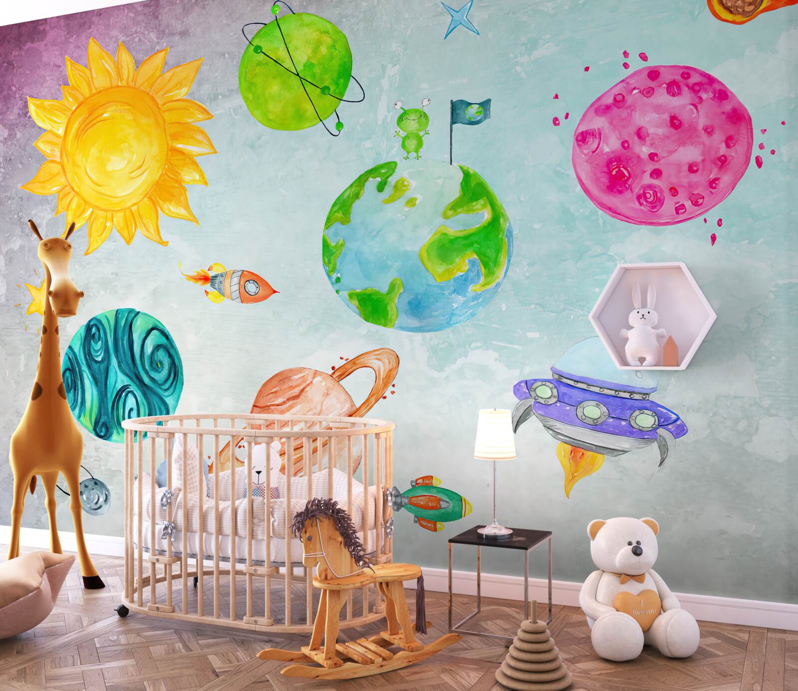 Fototapeta zobrazené planéty a astronauti na povrchu Mesiaca