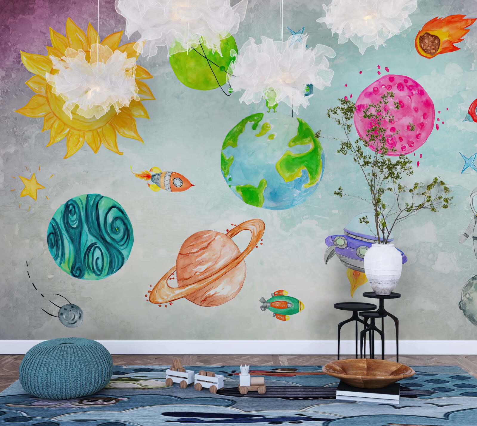 Fototapeta zobrazené planéty a astronauti na povrchu Mesiaca