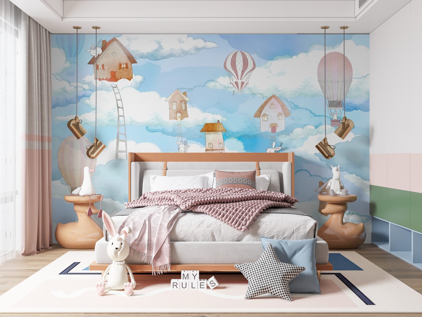 Fototapeta králiky na vrchole budov a schodov