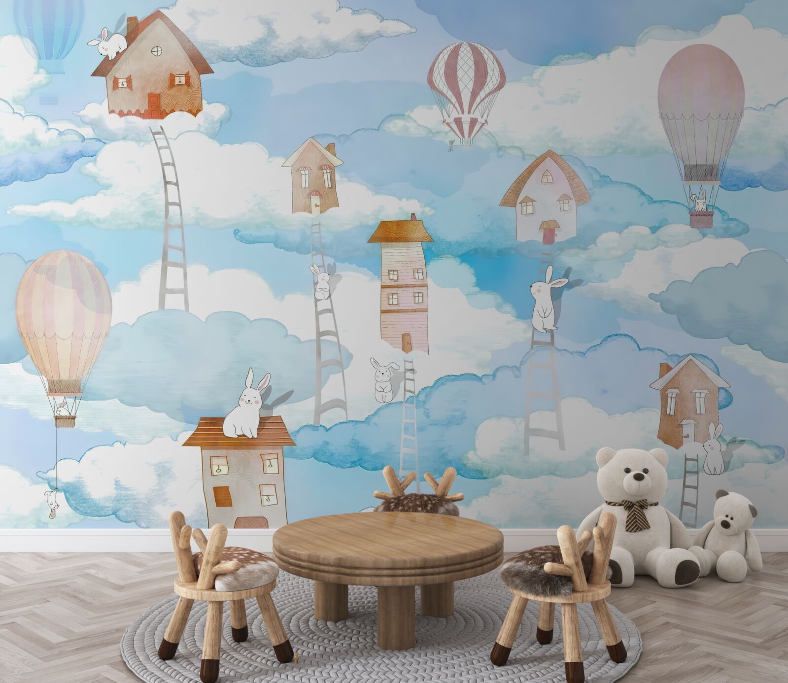 Fototapeta králiky na vrchole budov a schodov