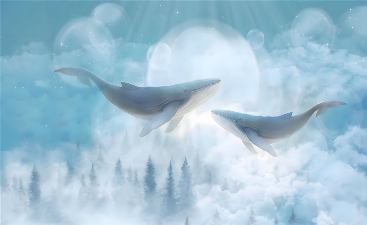 Fototapeta veľryby sa vznášajú nad hmlistým lesom