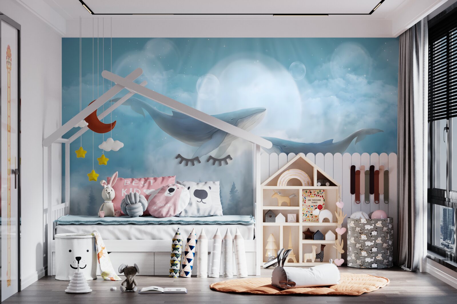 Fototapeta veľryby sa vznášajú nad hmlistým lesom