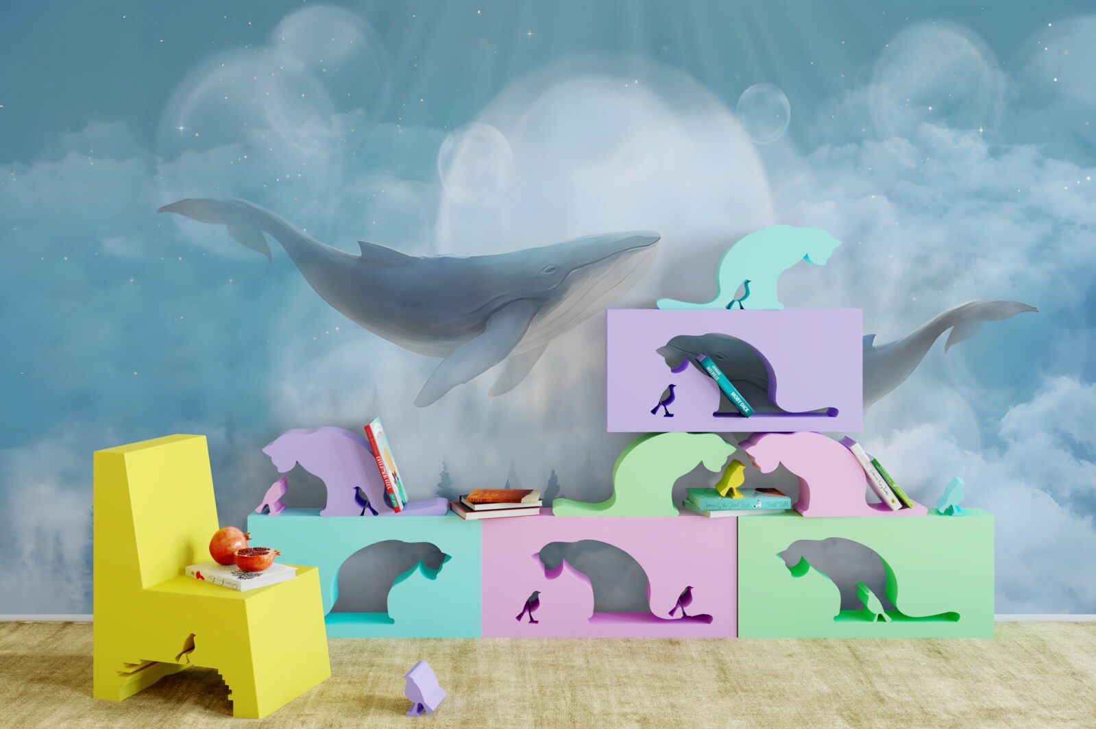 Fototapeta veľryby sa vznášajú nad hmlistým lesom