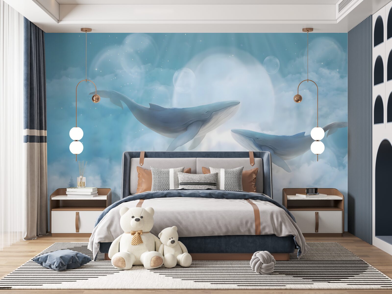 Fototapeta veľryby sa vznášajú nad hmlistým lesom