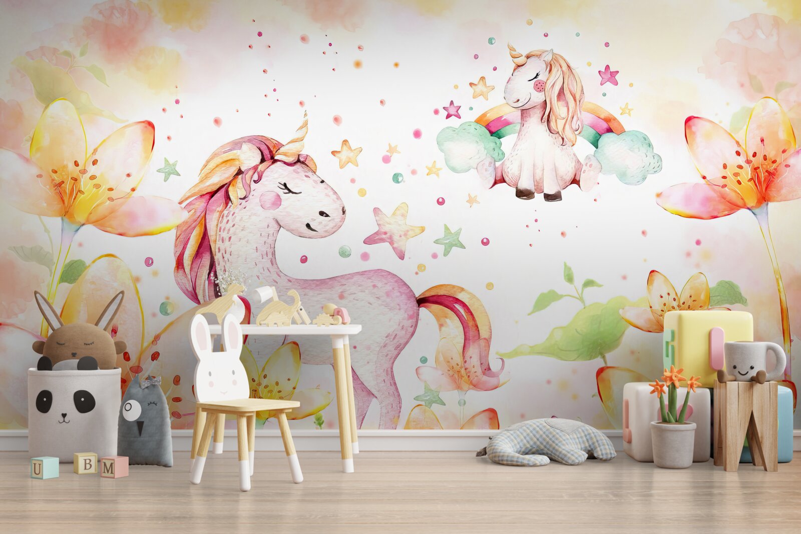 Fototapeta kvety okolo jednorožcov so zatvorenými očami