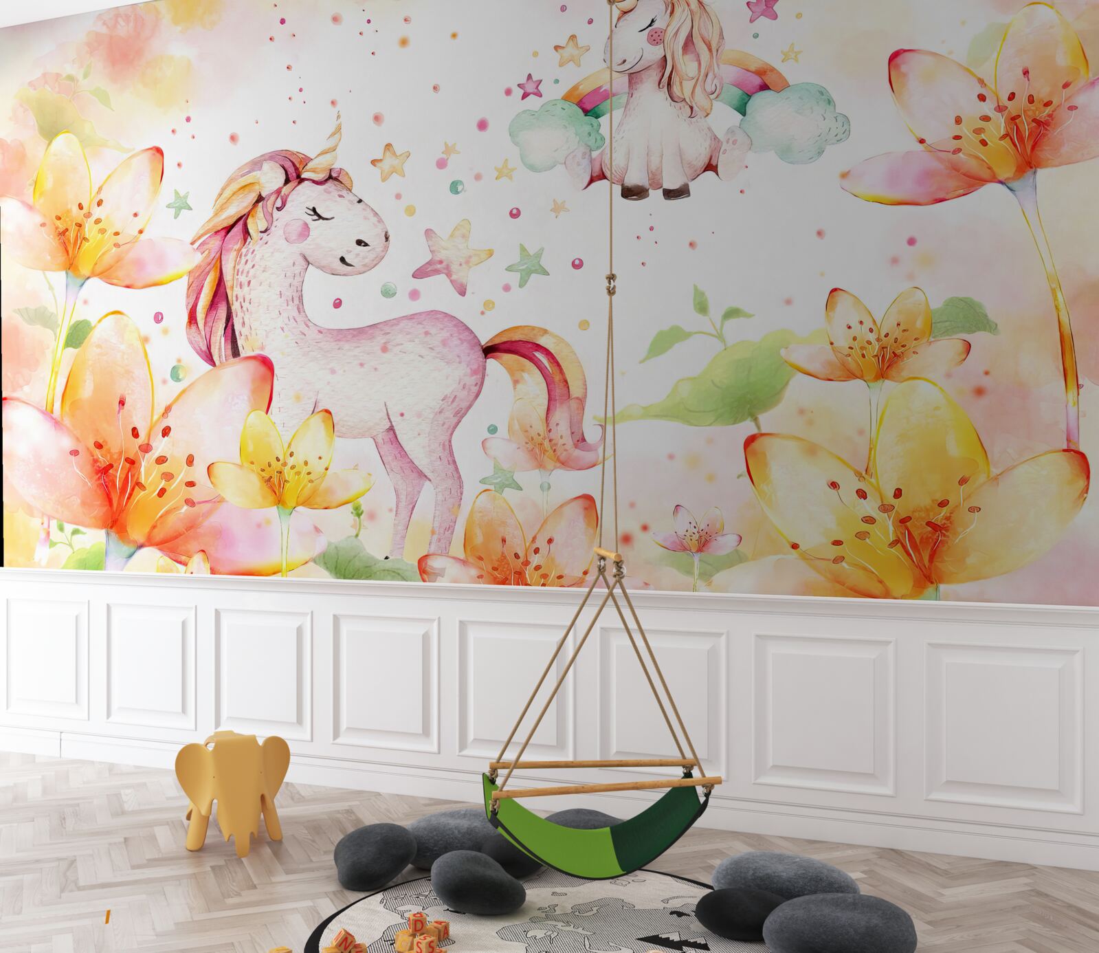 Fototapeta kvety okolo jednorožcov so zatvorenými očami