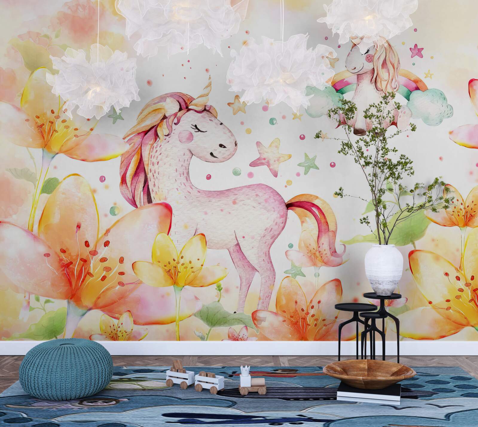 Fototapeta kvety okolo jednorožcov so zatvorenými očami