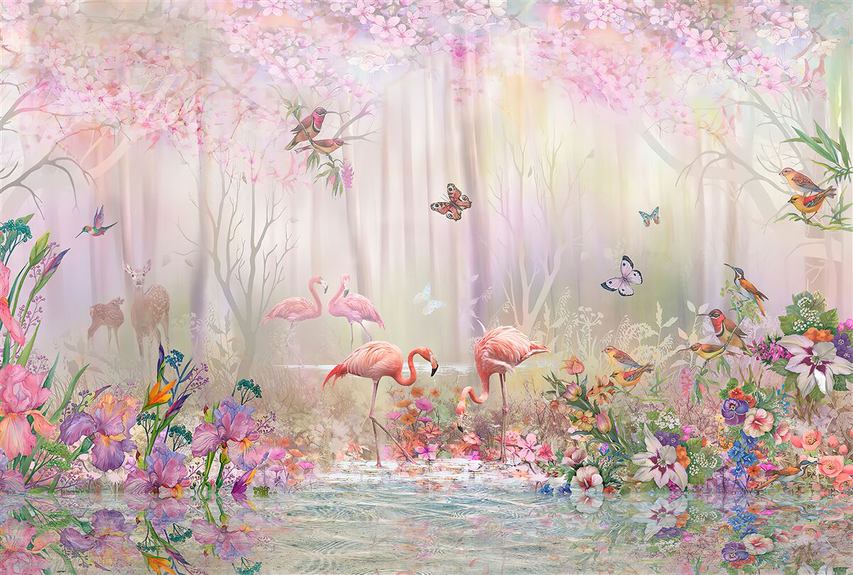 Fototapeta plameniaky a iné vtáky v hmlistom lese