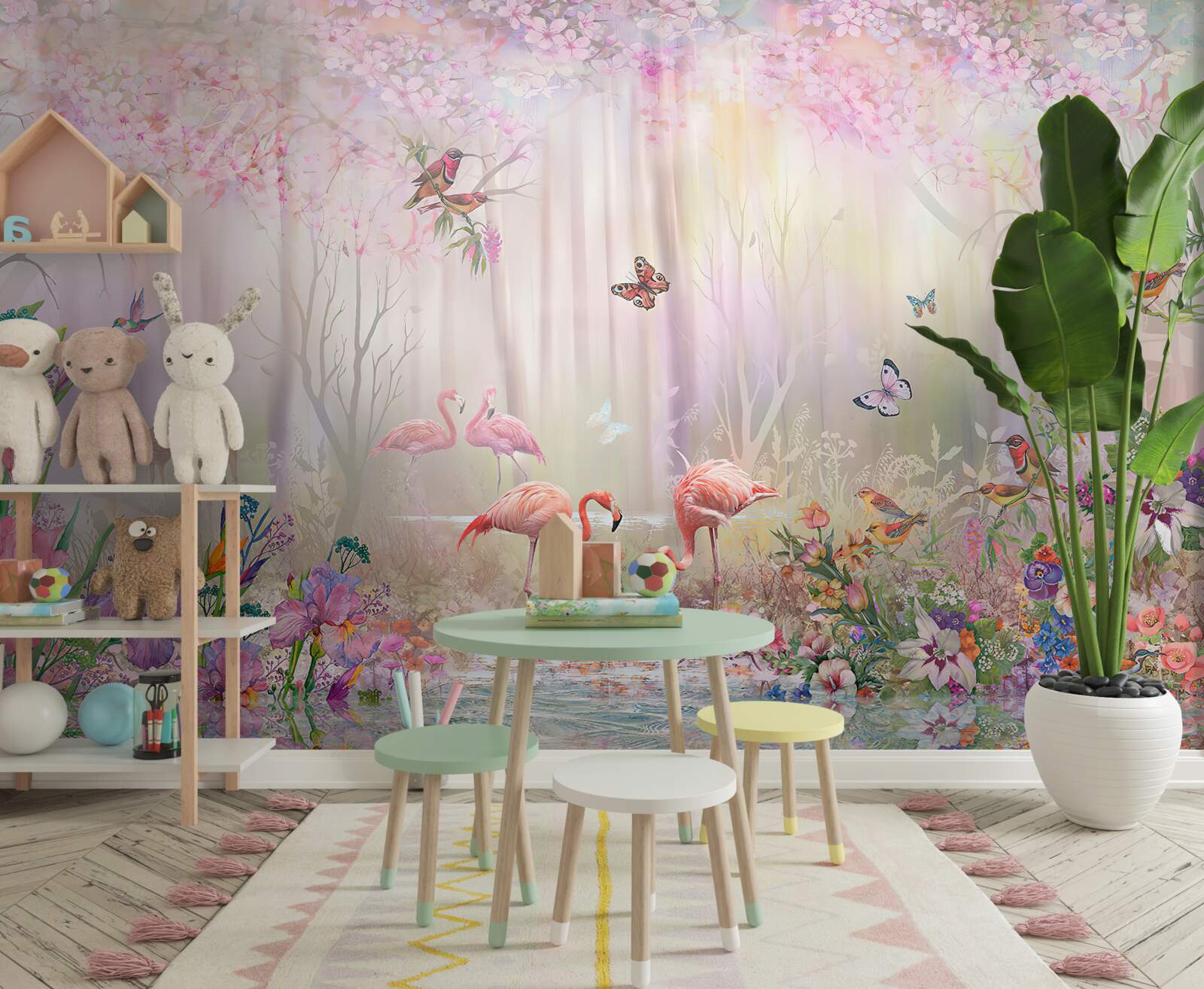 Fototapeta plameniaky a iné vtáky v hmlistom lese