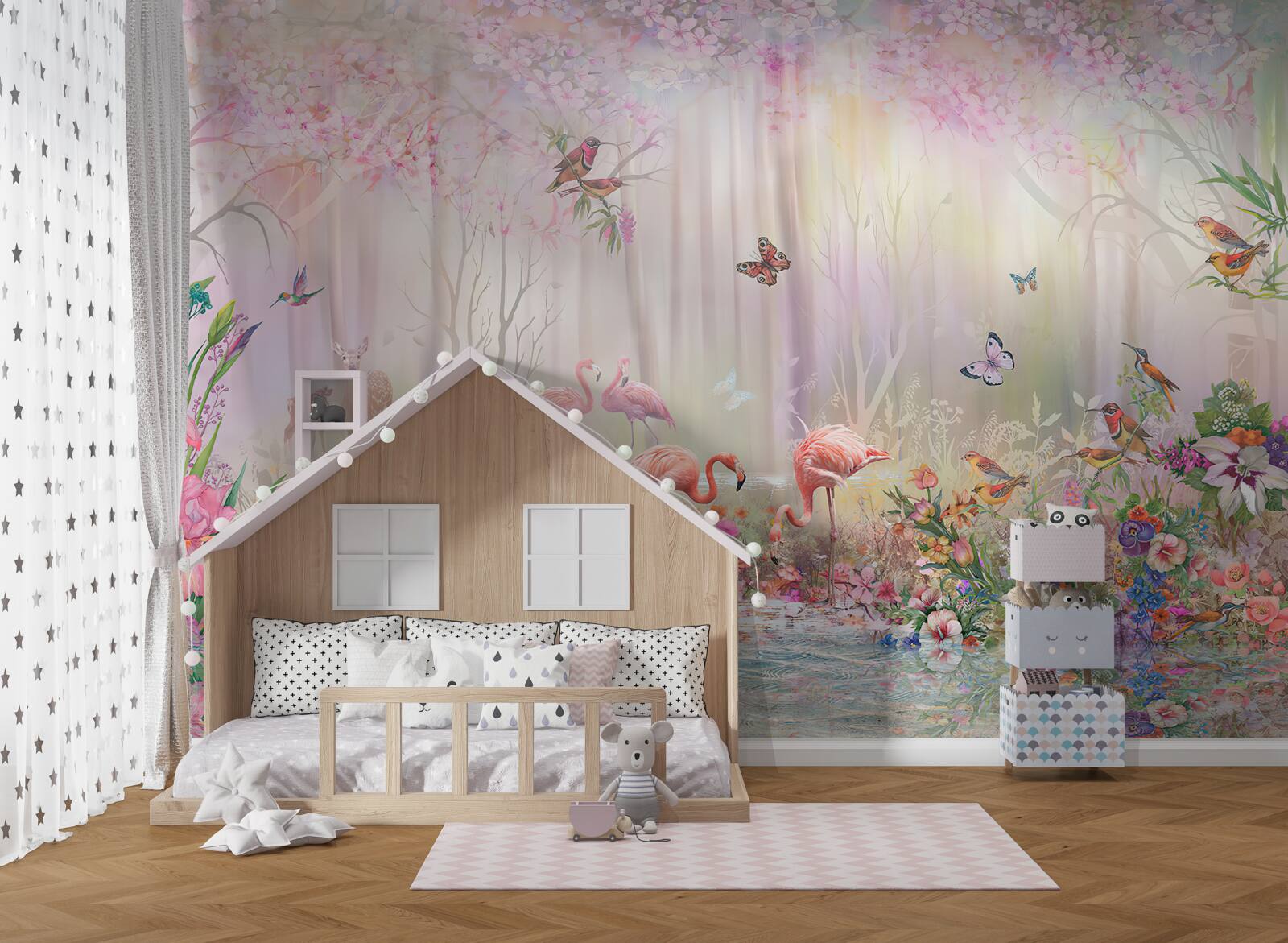 Fototapeta plameniaky a iné vtáky v hmlistom lese