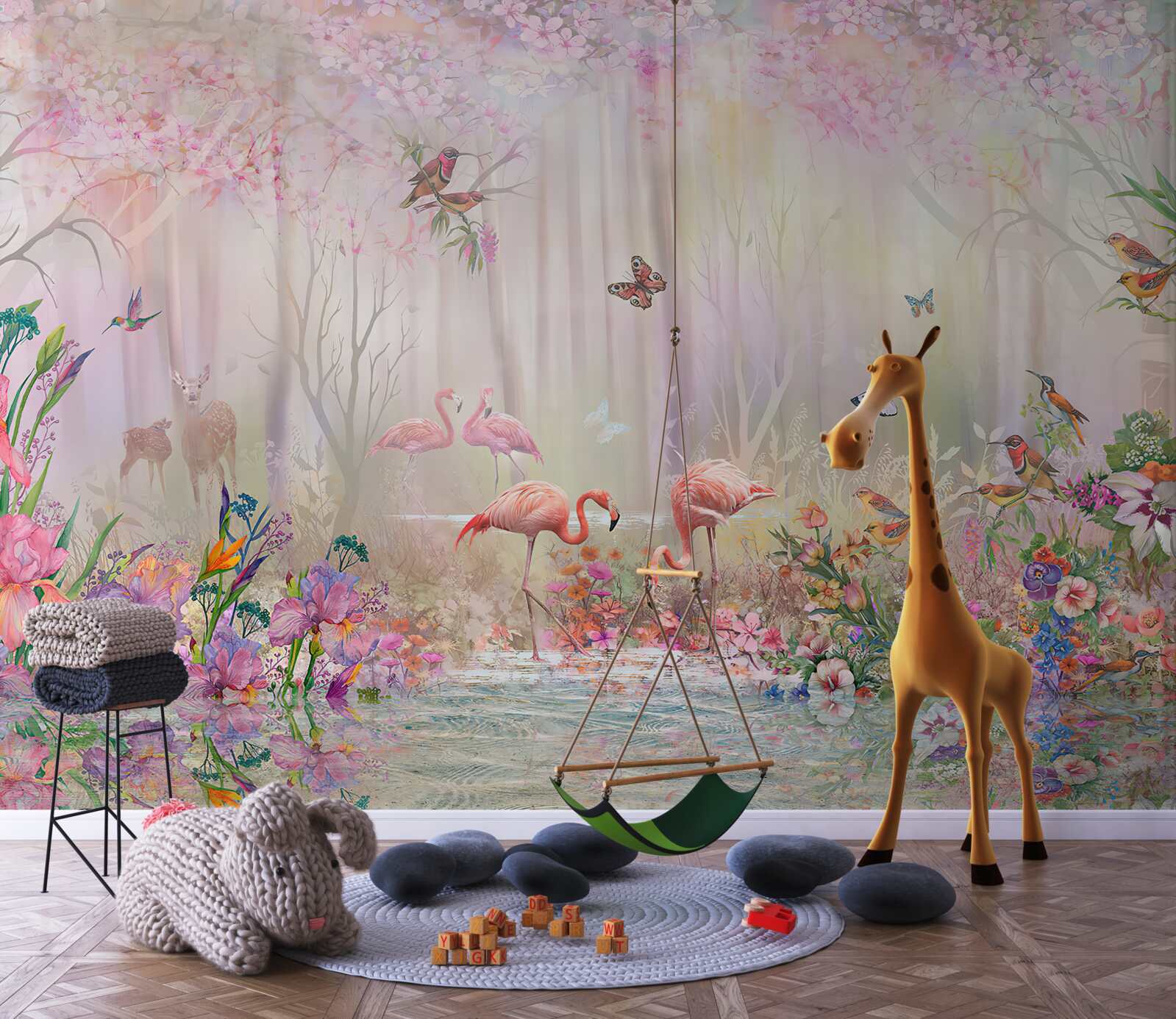 Fototapeta plameniaky a iné vtáky v hmlistom lese