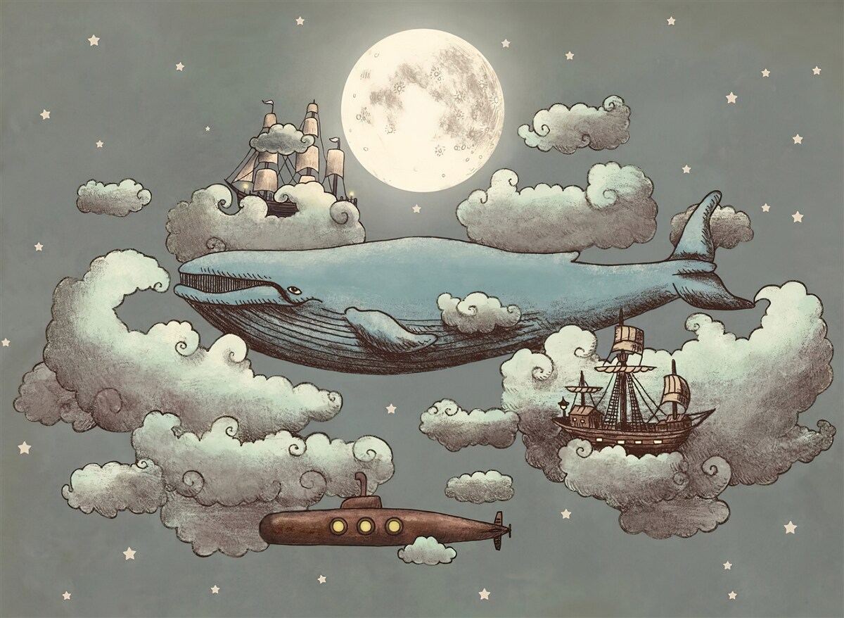 Fototapeta V oblakoch sa vznáša vorvaň a plávajúca loď