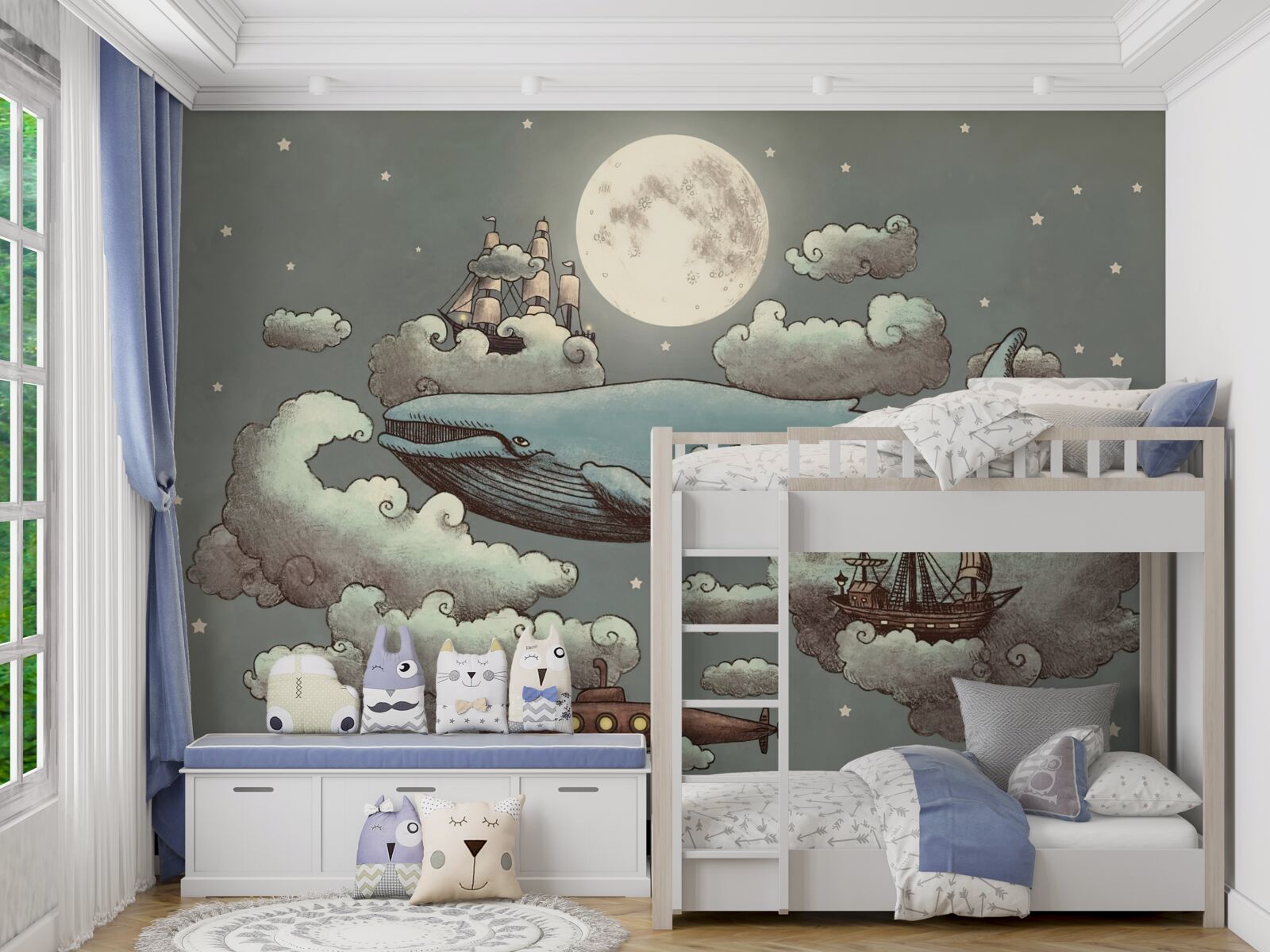 Fototapeta V oblakoch sa vznáša vorvaň a plávajúca loď