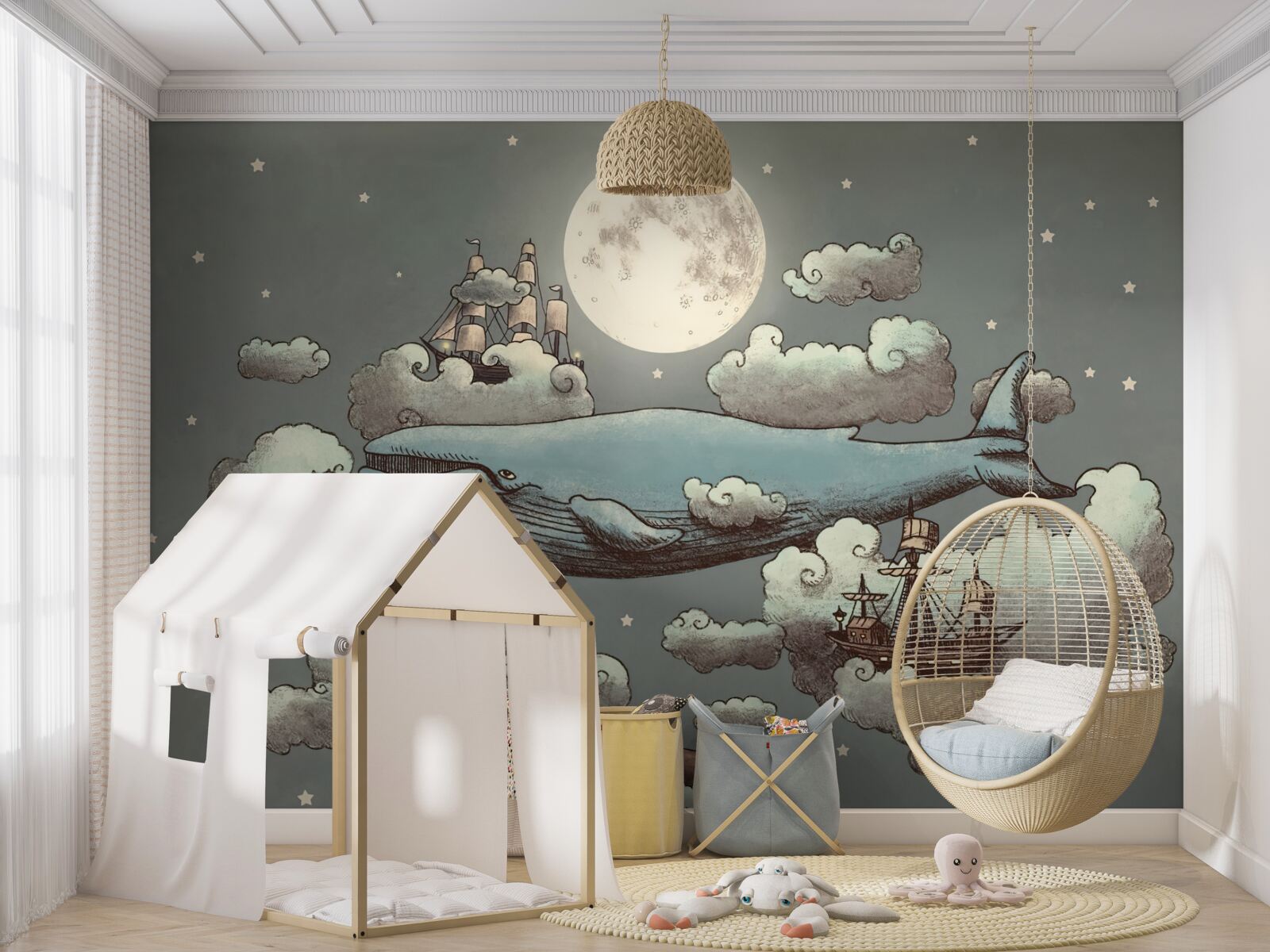 Fototapeta V oblakoch sa vznáša vorvaň a plávajúca loď