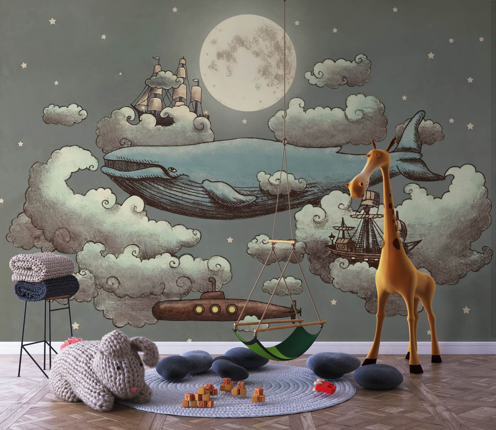 Fototapeta V oblakoch sa vznáša vorvaň a plávajúca loď