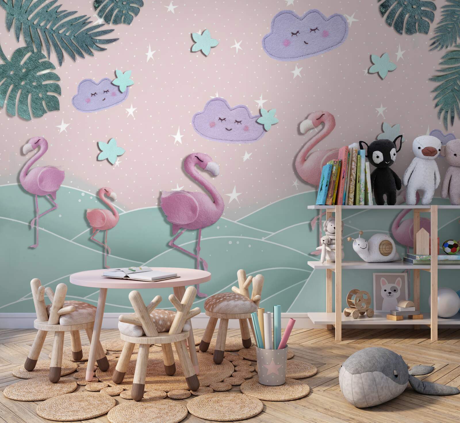 Fototapeta ružové plameniaky balansujú na jednej nohe