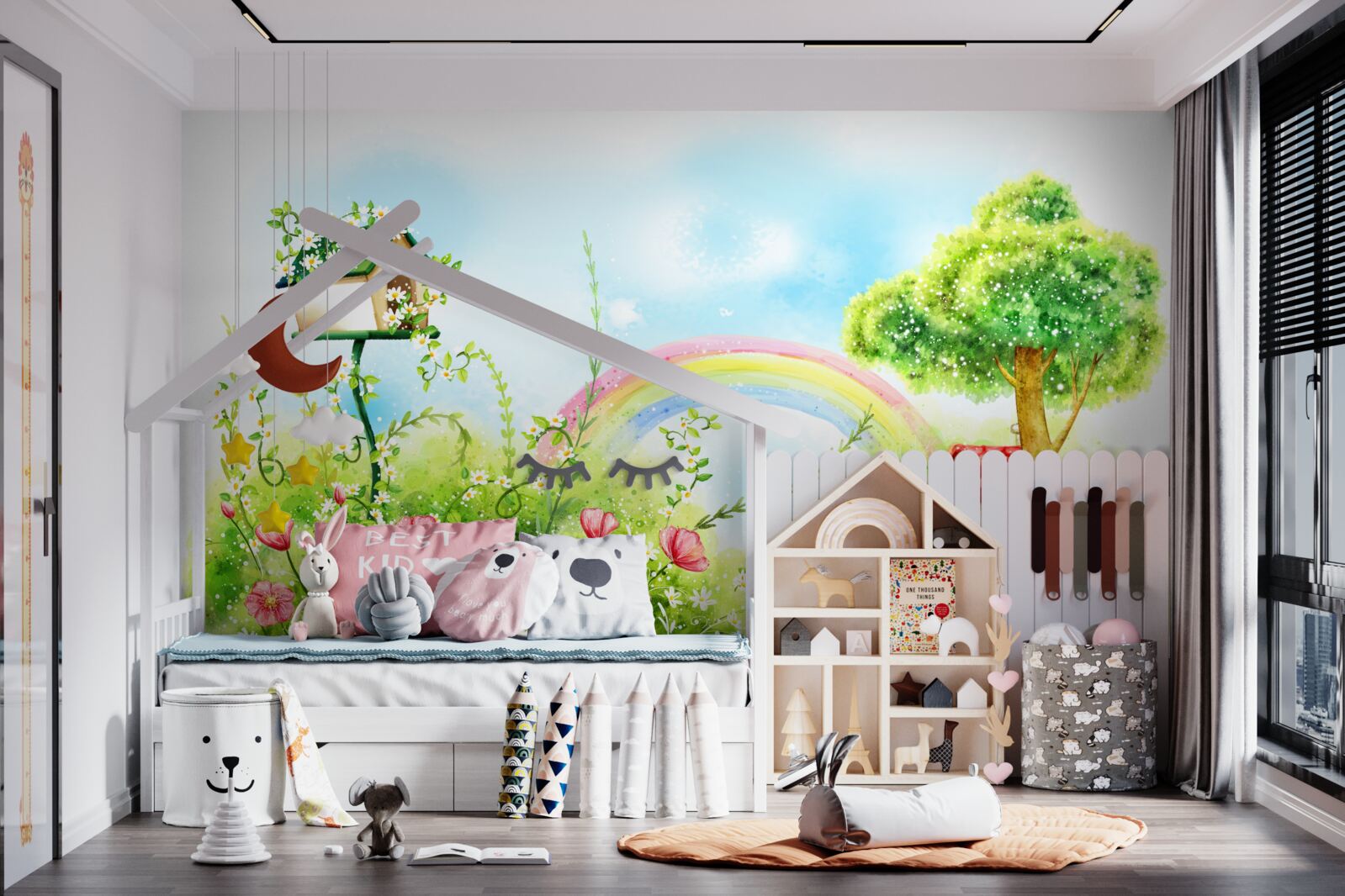 Fototapeta trávnik, malý domček a viacfarebný oblúk