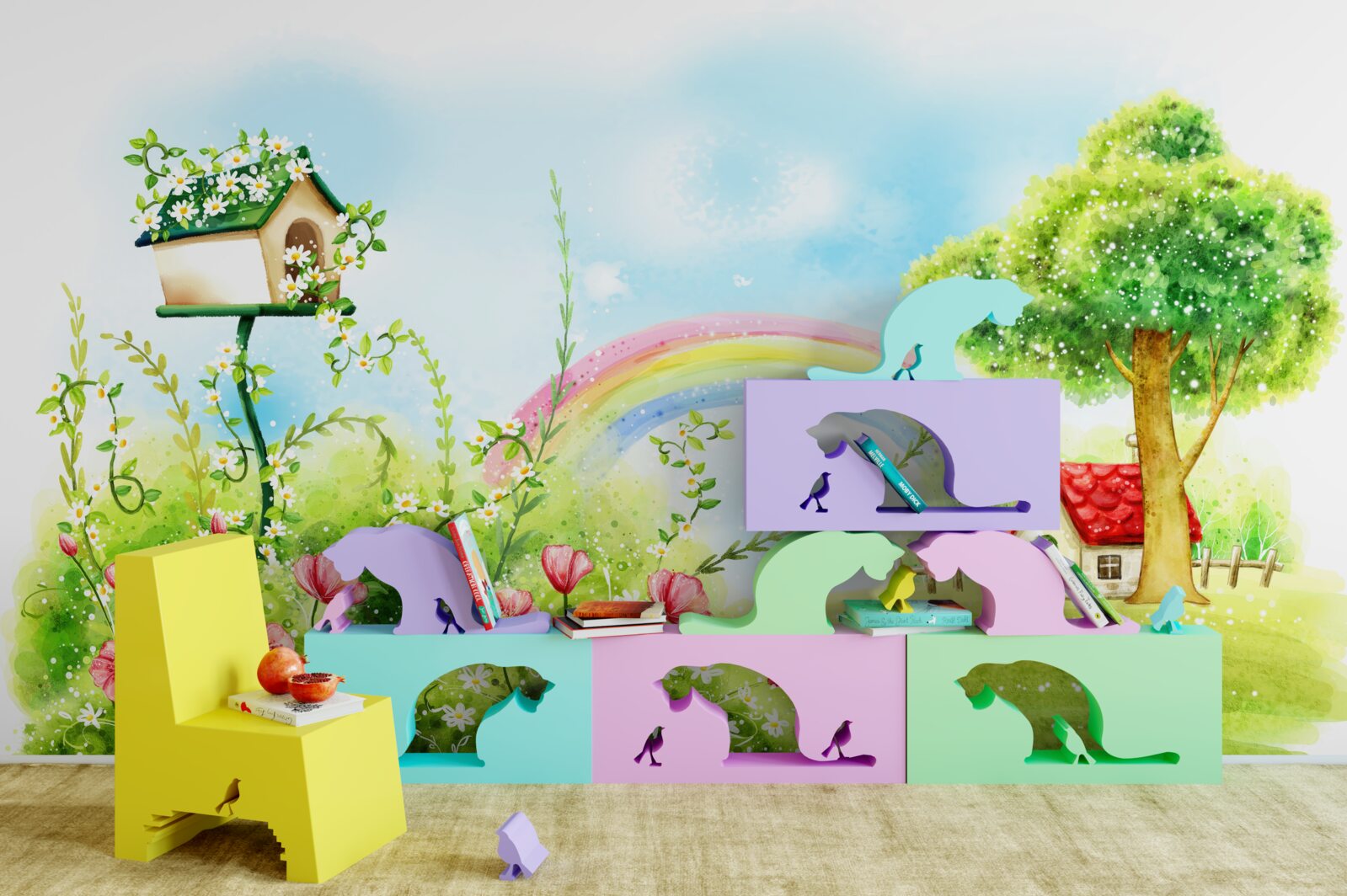 Fototapeta trávnik, malý domček a viacfarebný oblúk