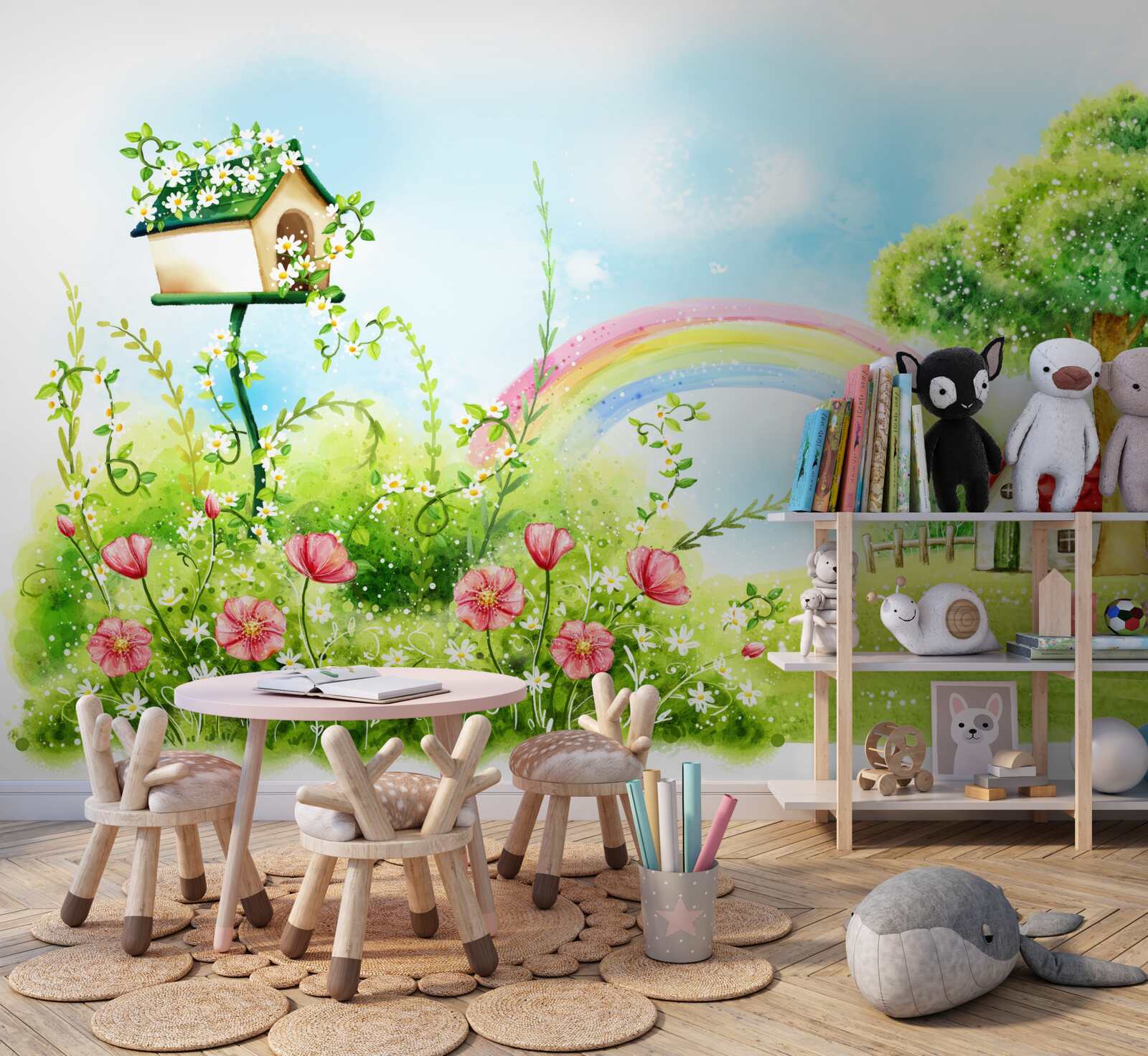 Fototapeta trávnik, malý domček a viacfarebný oblúk