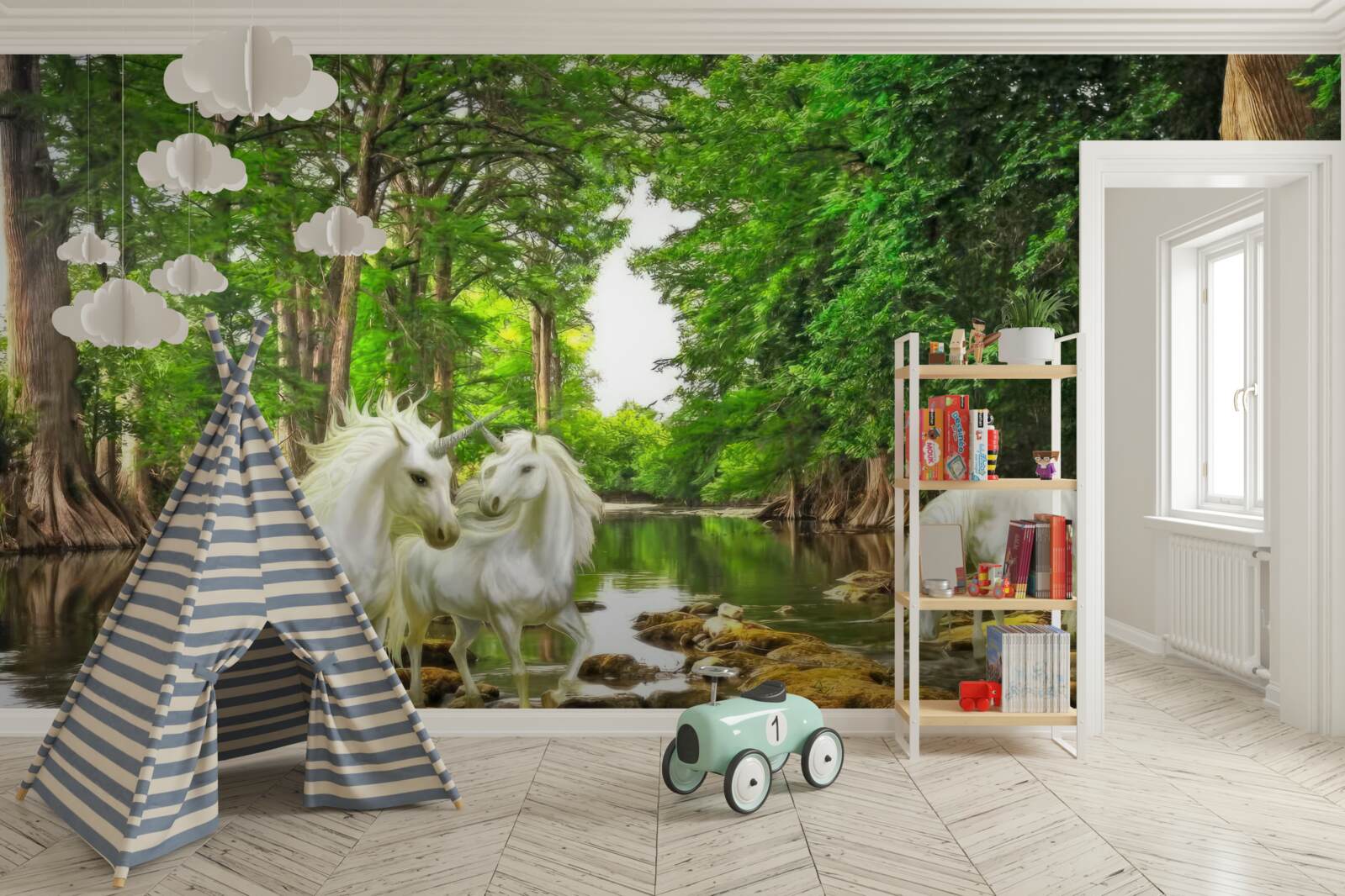 Fototapeta V lese pri vode sú tri ľahké pegasi