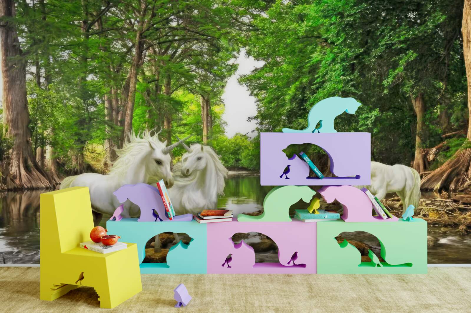 Fototapeta V lese pri vode sú tri ľahké pegasi