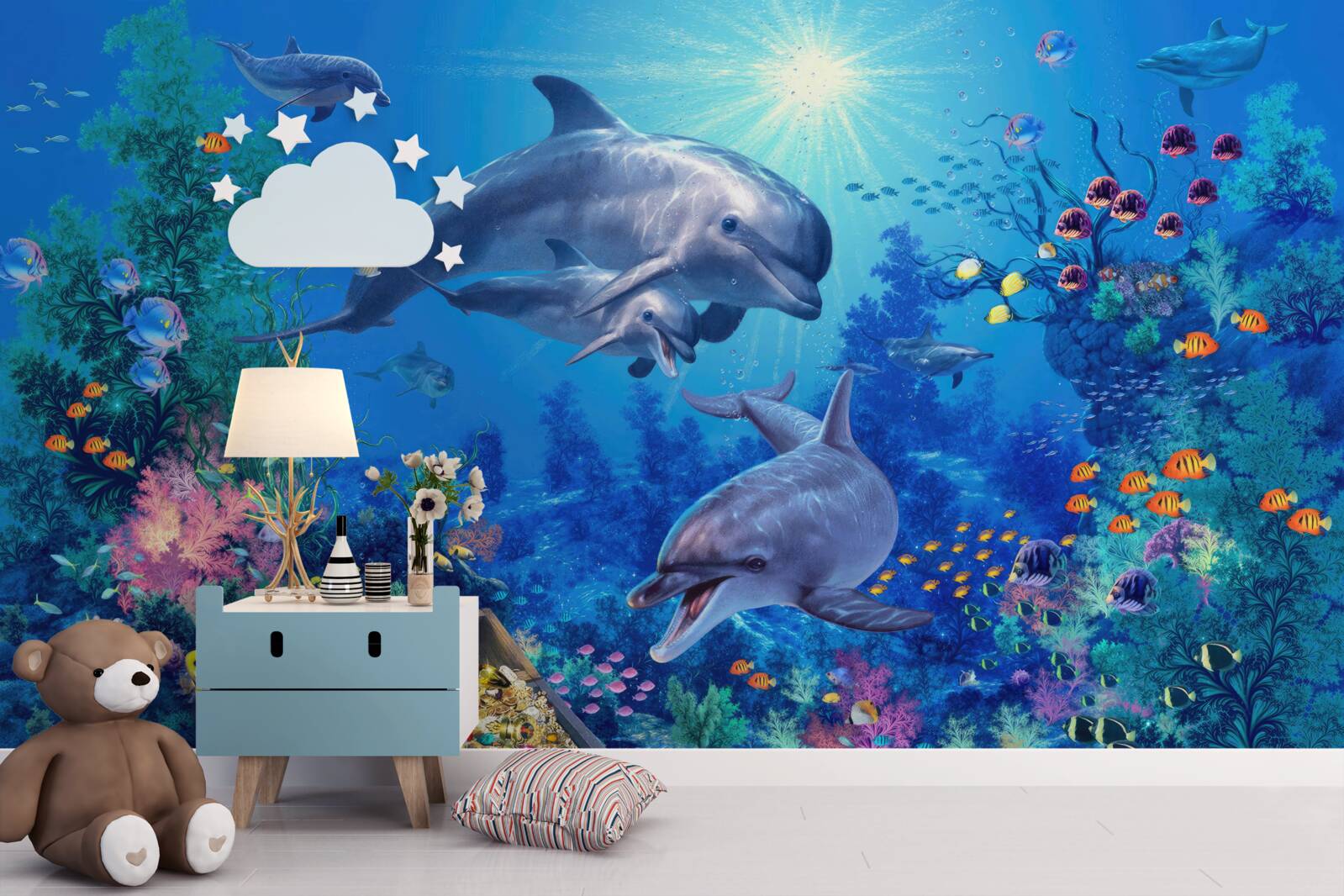 Fototapeta skupina delfínov v podmorskom prostredí