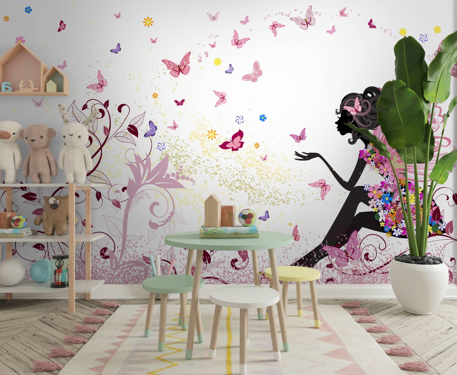 Fototapeta obrys dievčaťa a veľa motýľov