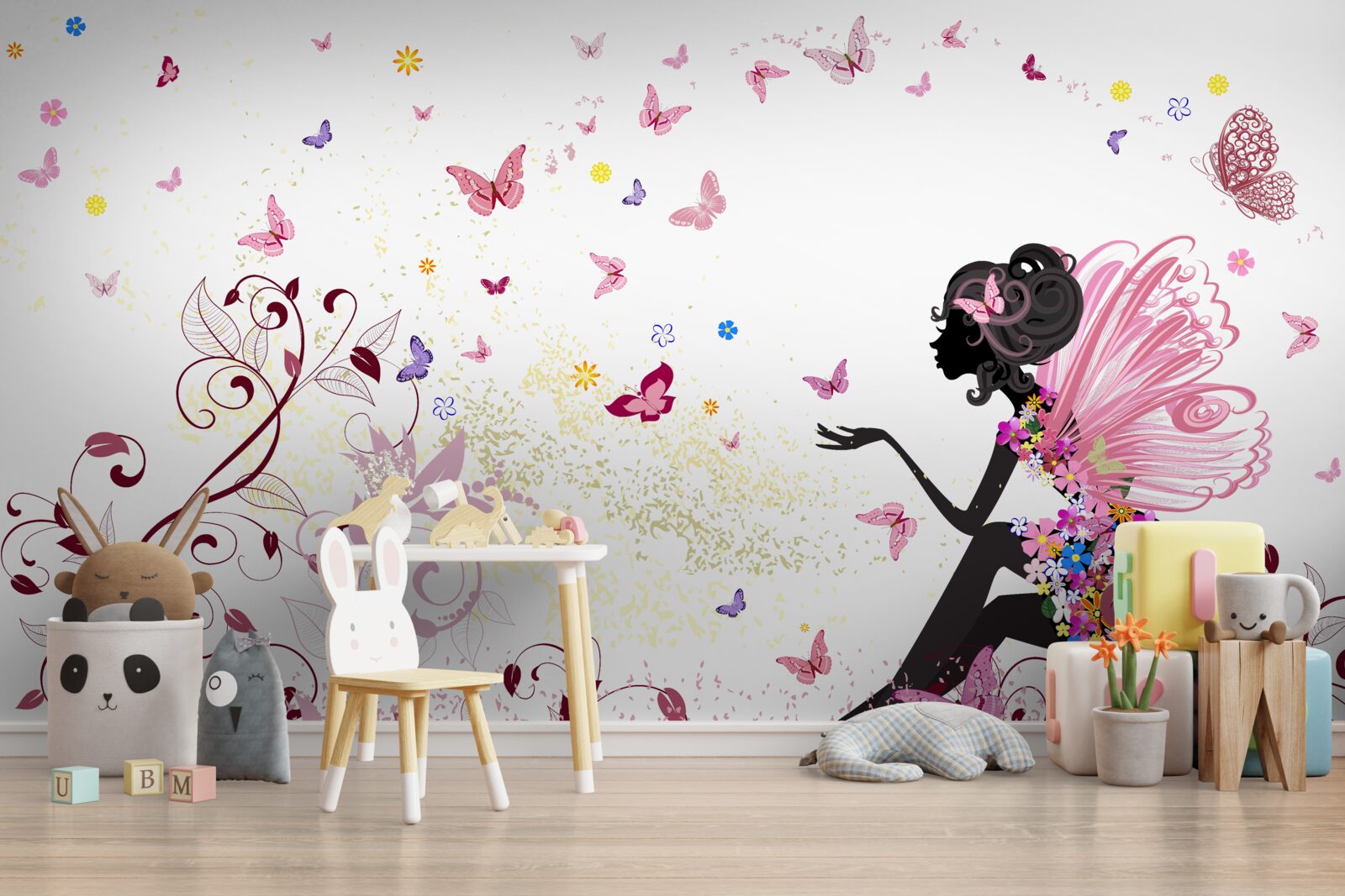 Fototapeta obrys dievčaťa a veľa motýľov