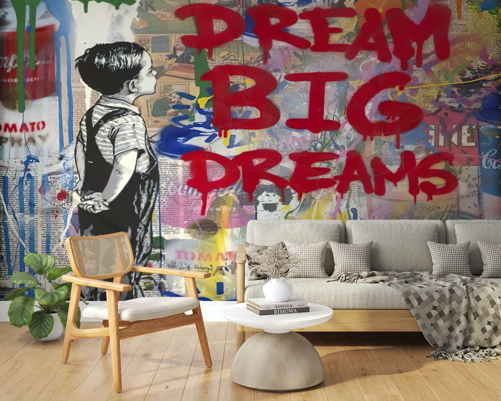 Fototapeta chlapec pozoruje stenu pokrytú kresbami