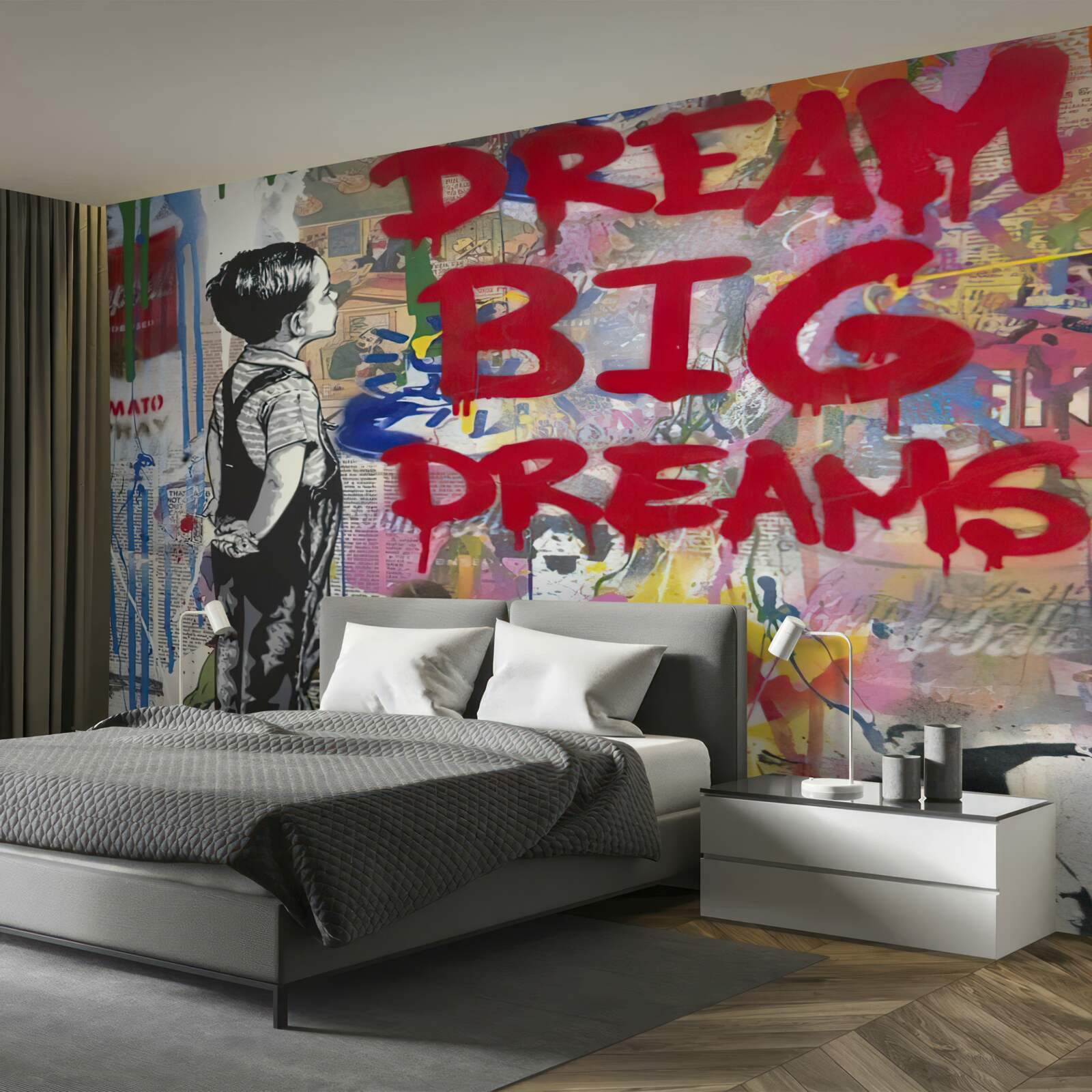 Fototapeta chlapec pozoruje stenu pokrytú kresbami