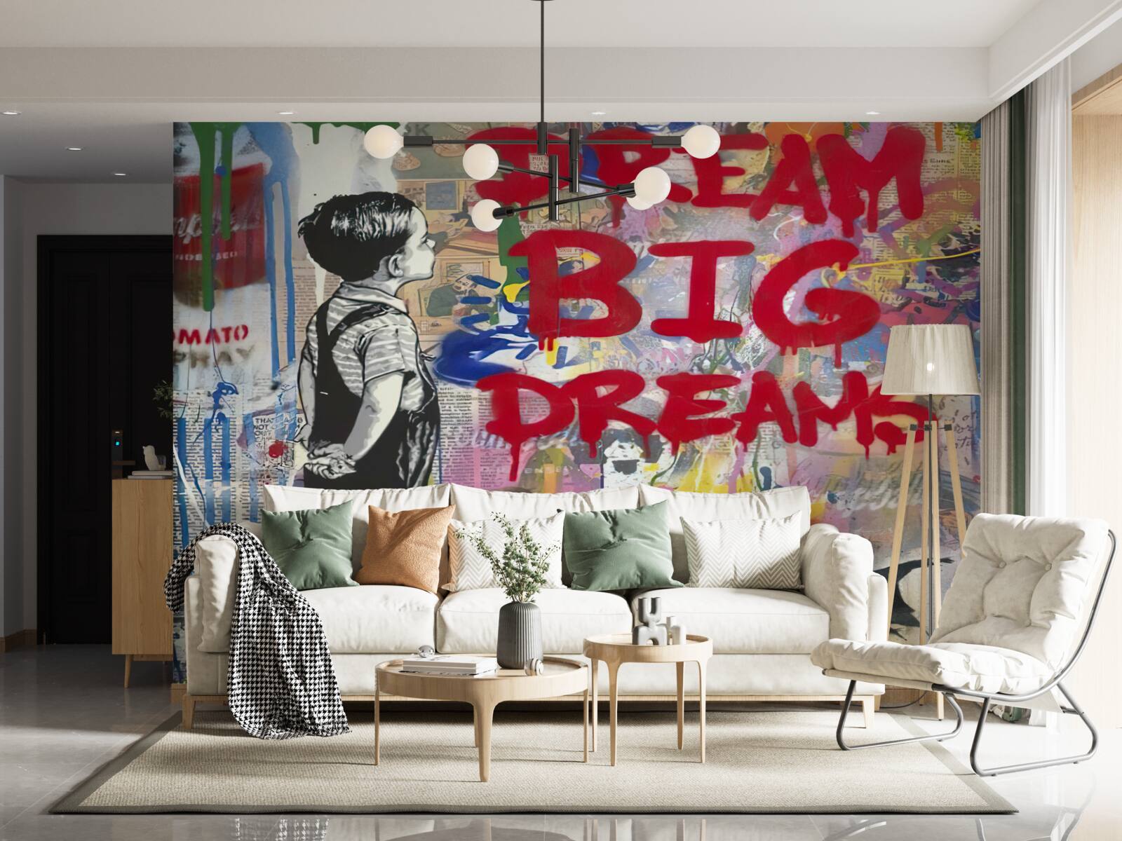 Fototapeta chlapec pozoruje stenu pokrytú kresbami