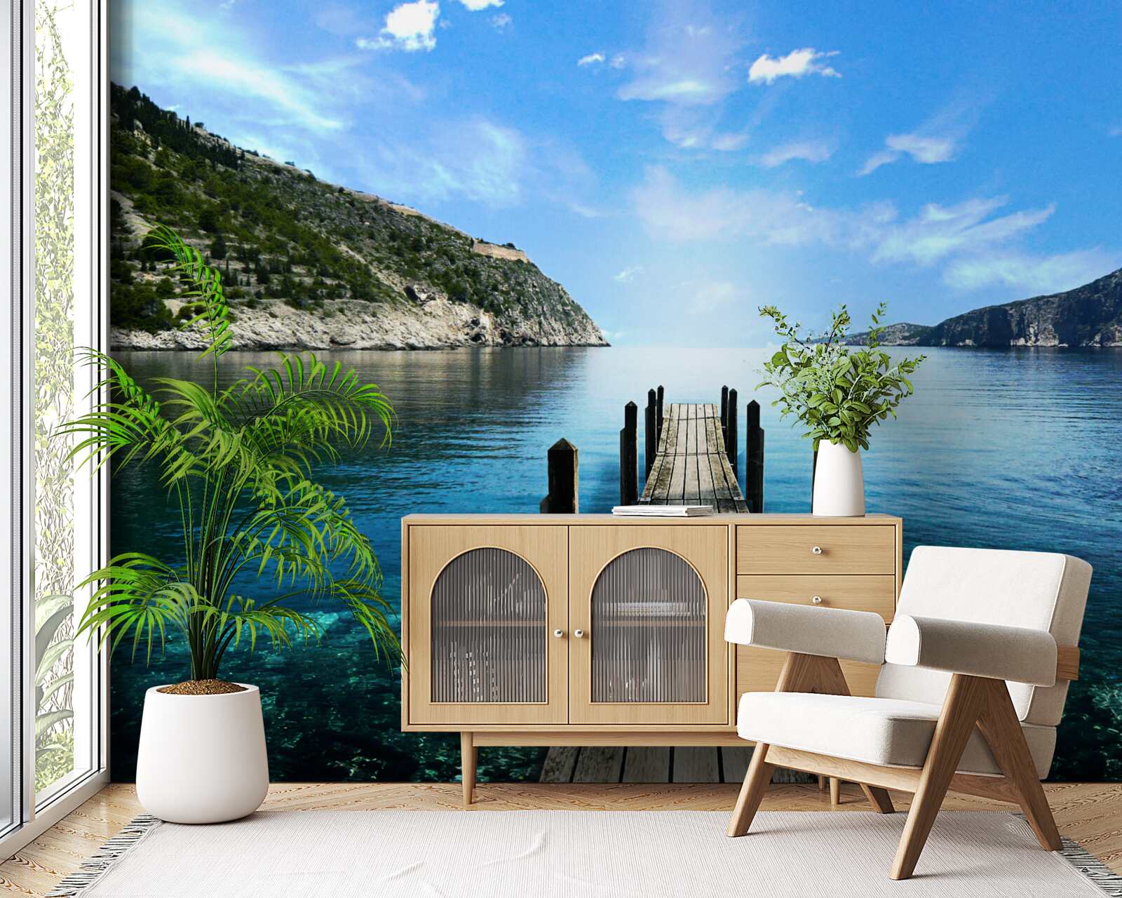 Fototapeta na pozadí oblohy, hôr a rieky je vidieť pontónový most