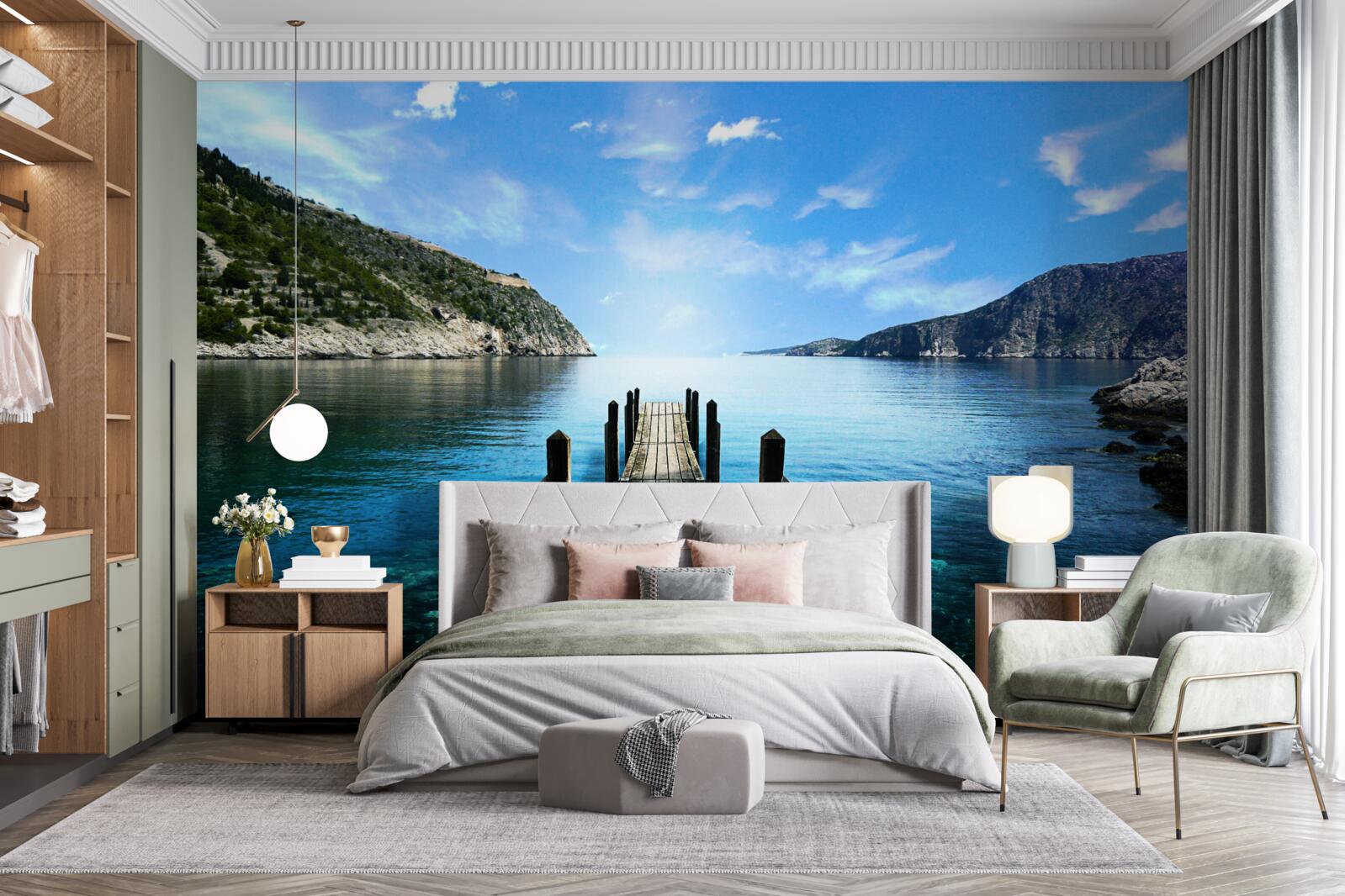 Fototapeta na pozadí oblohy, hôr a rieky je vidieť pontónový most