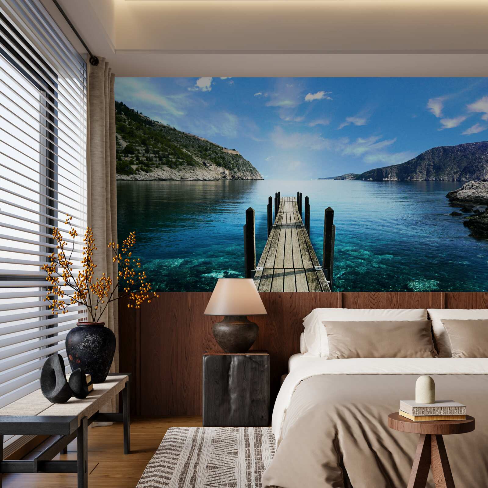 Fototapeta na pozadí oblohy, hôr a rieky je vidieť pontónový most