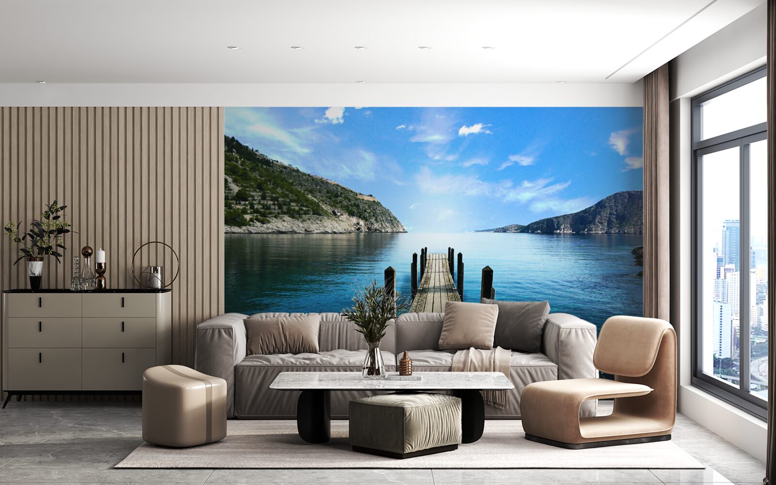 Fototapeta na pozadí oblohy, hôr a rieky je vidieť pontónový most