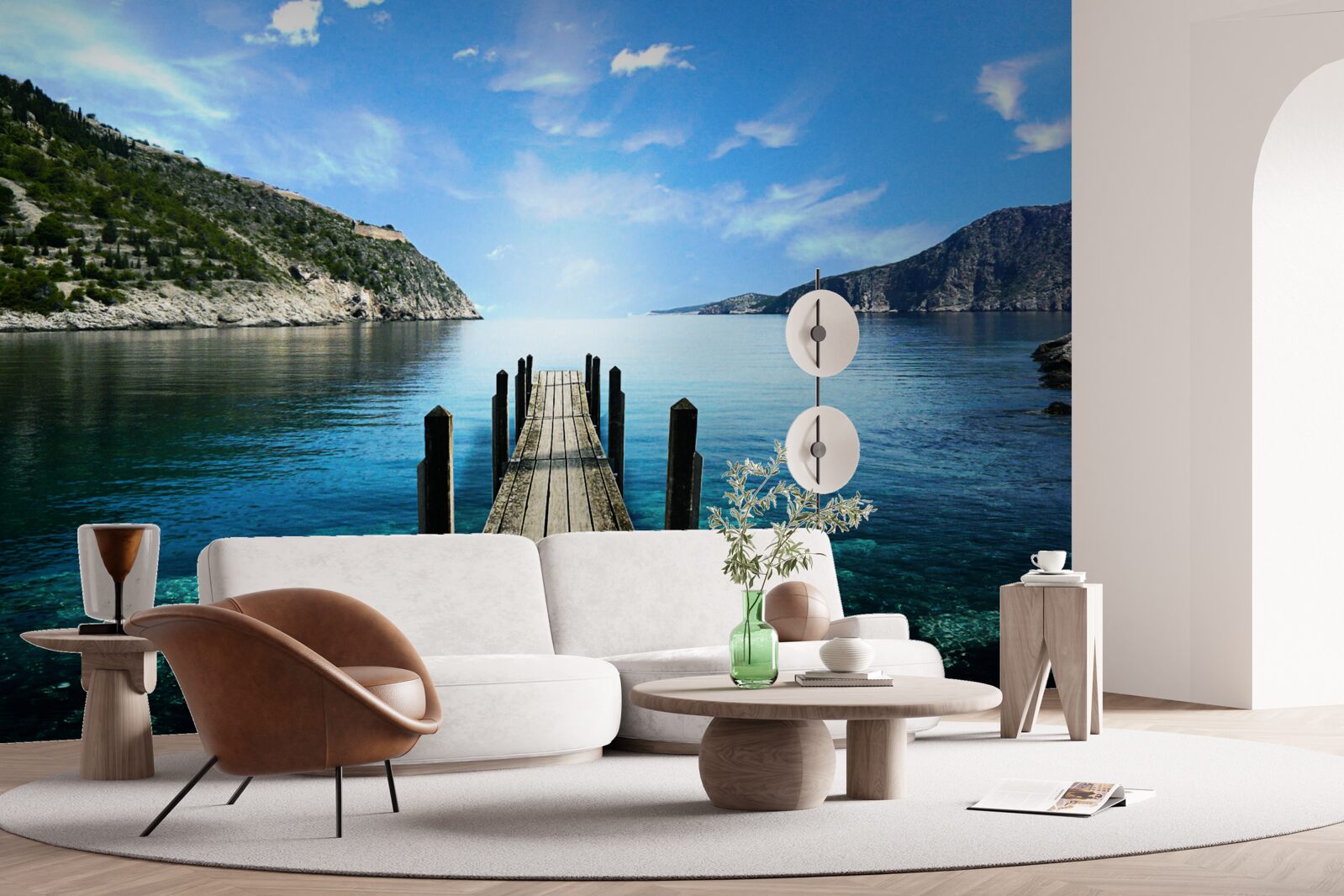 Fototapeta na pozadí oblohy, hôr a rieky je vidieť pontónový most