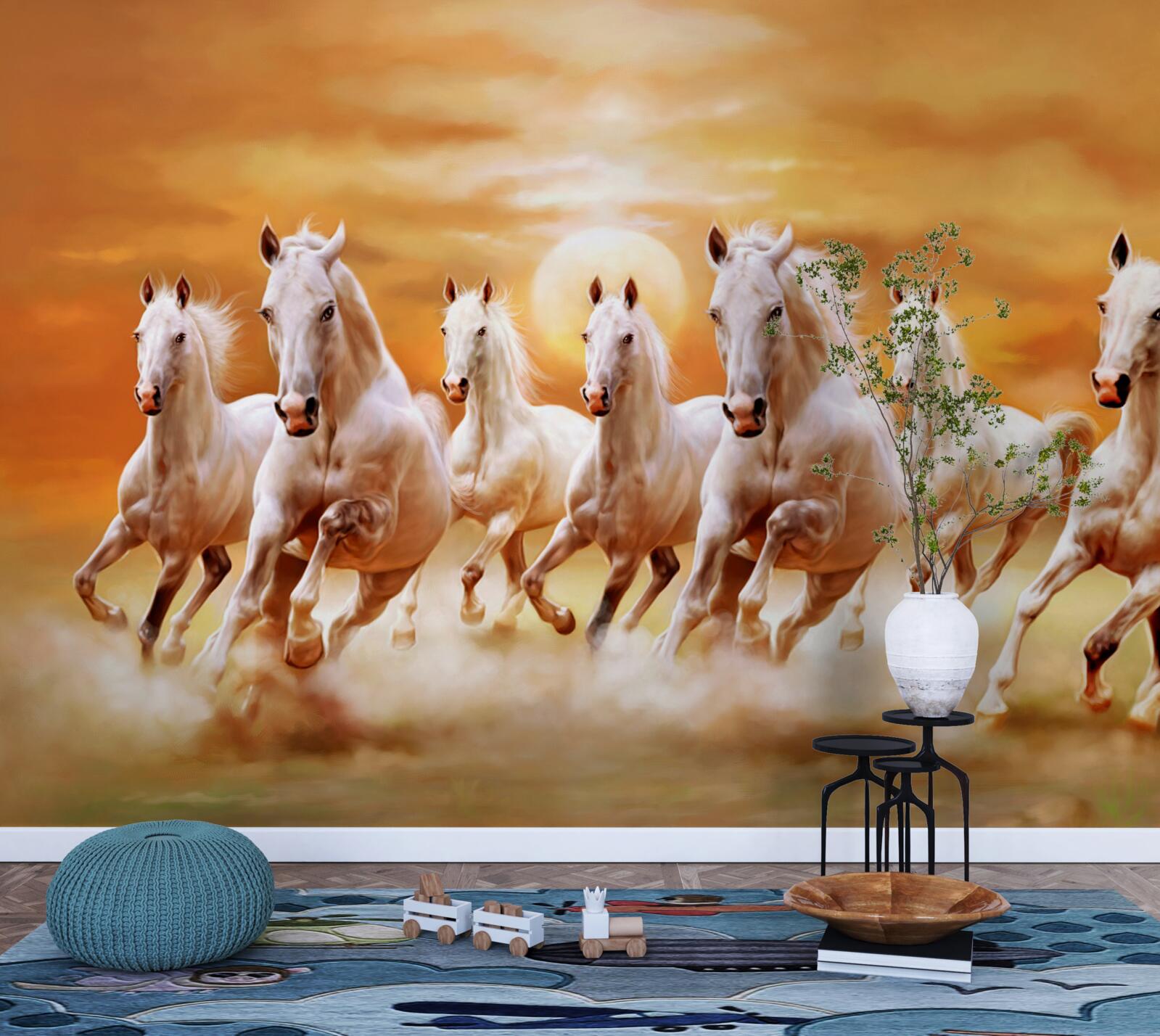 Fototapeta sedem bielych koní