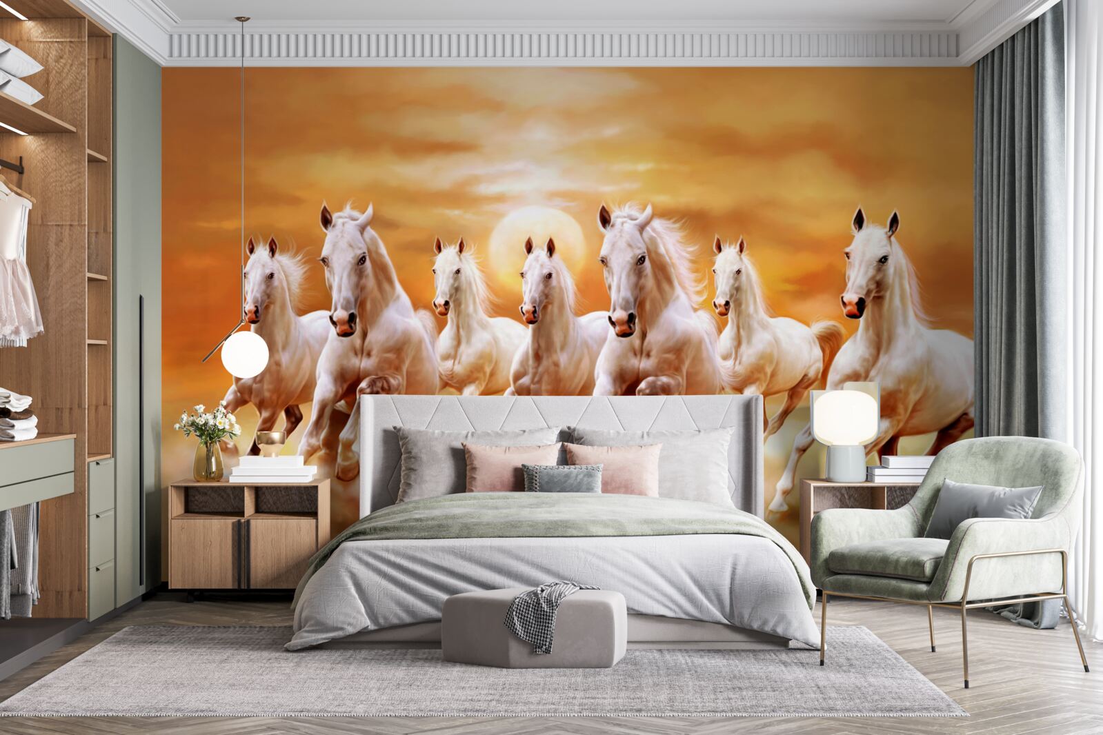 Fototapeta sedem bielych koní