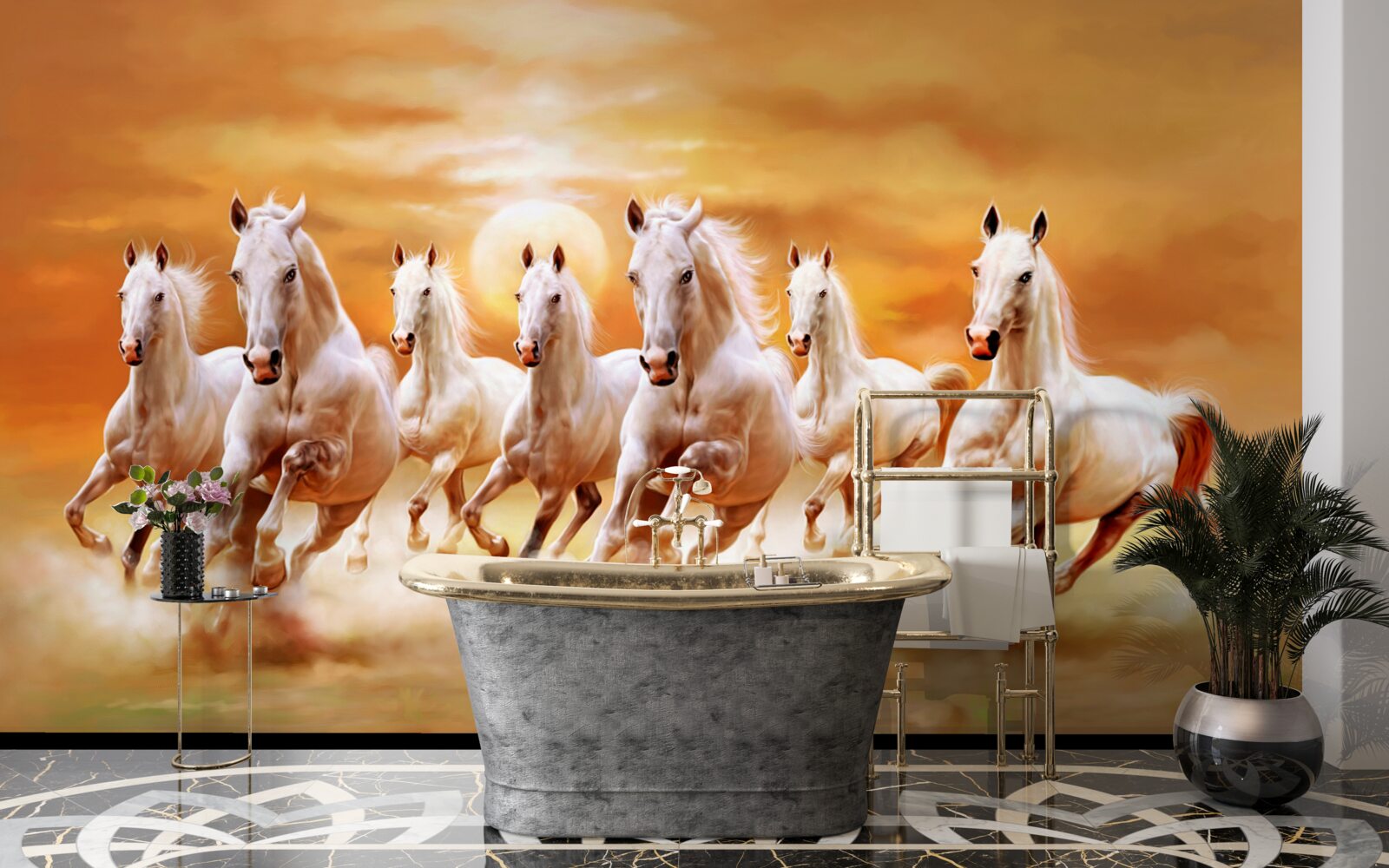 Fototapeta sedem bielych koní