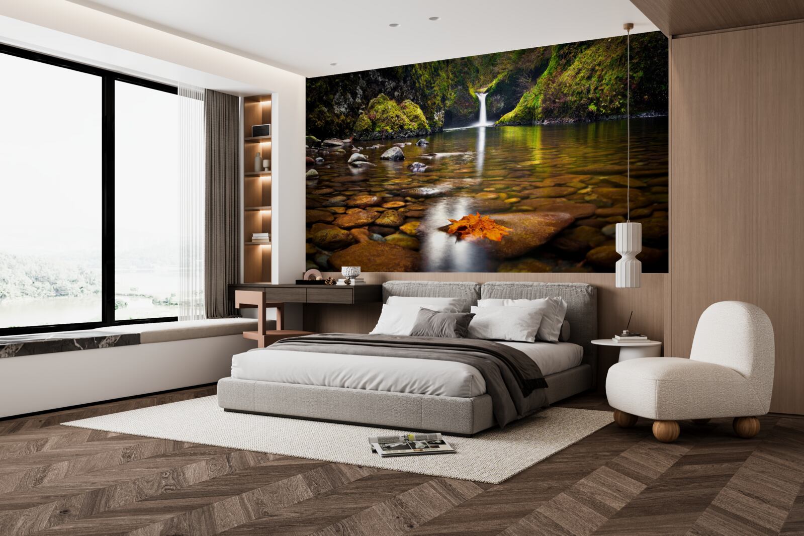 Fototapeta list, ktorý padol na vodnú hladinu v horách