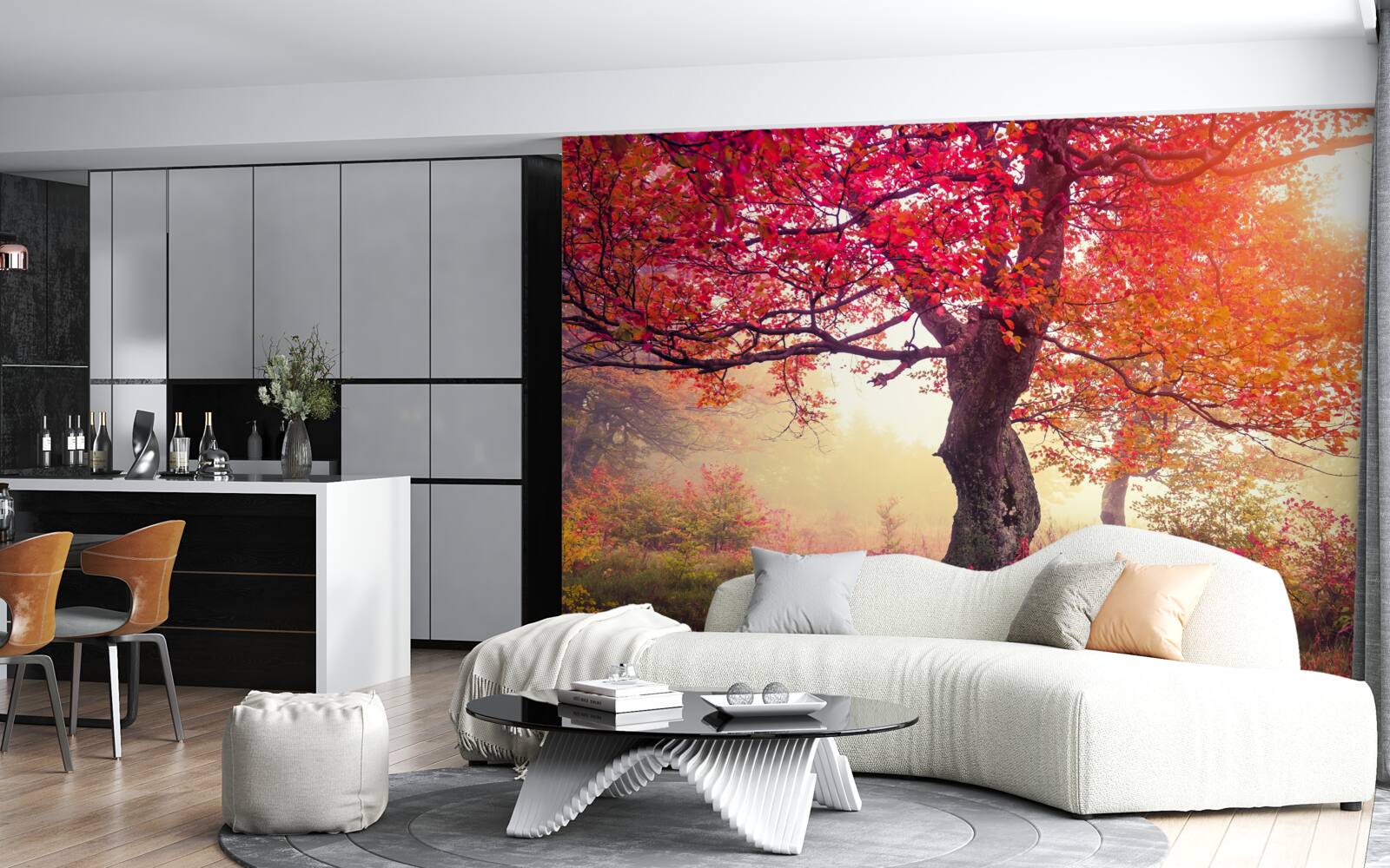 Fototapeta kvitnúce stromy uprostred hmlistého lesa