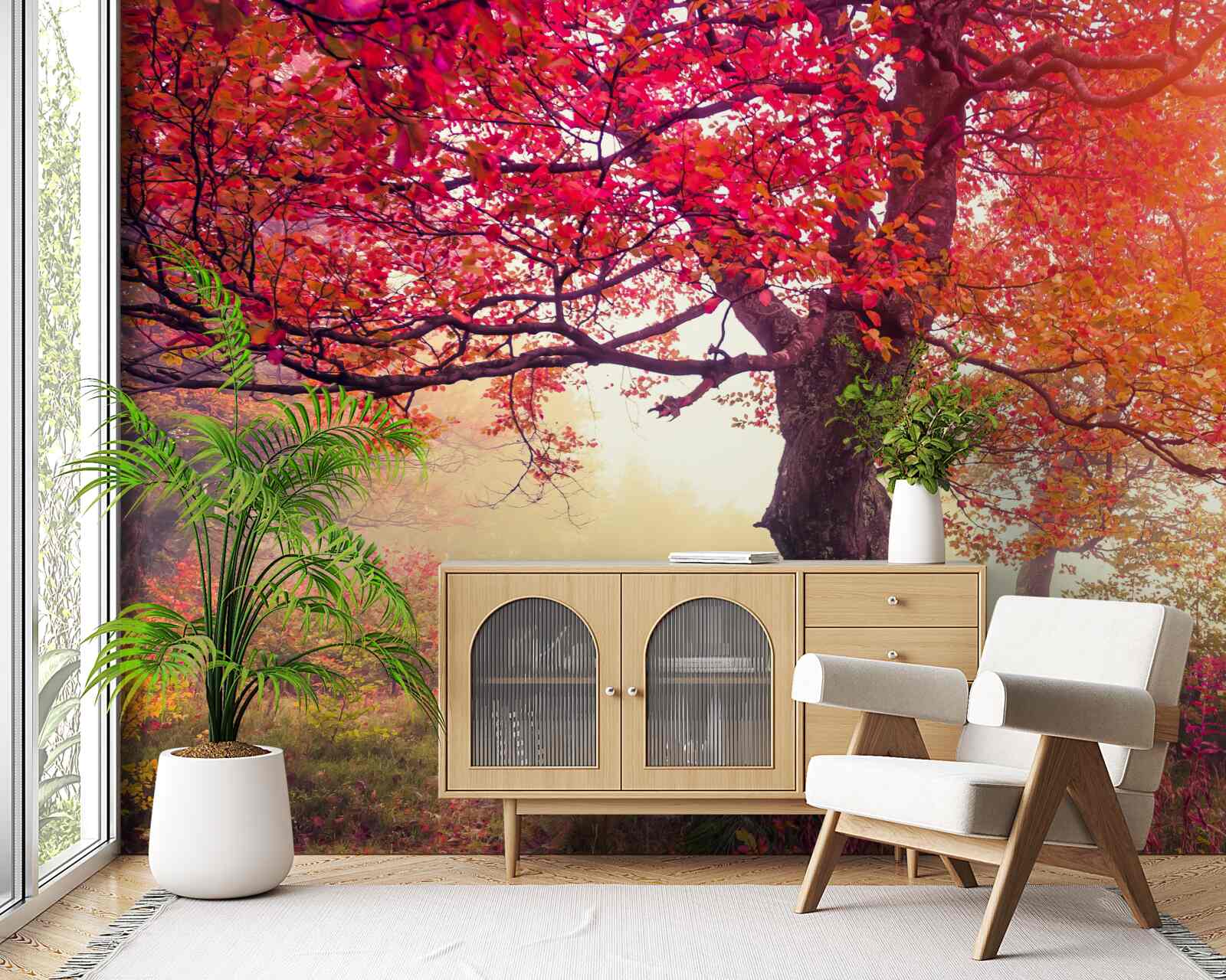 Fototapeta kvitnúce stromy uprostred hmlistého lesa