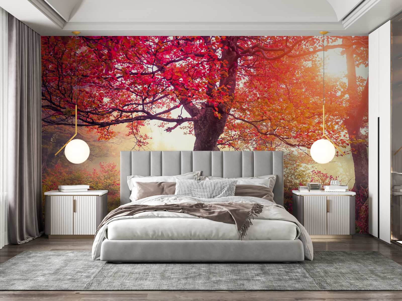 Fototapeta kvitnúce stromy uprostred hmlistého lesa