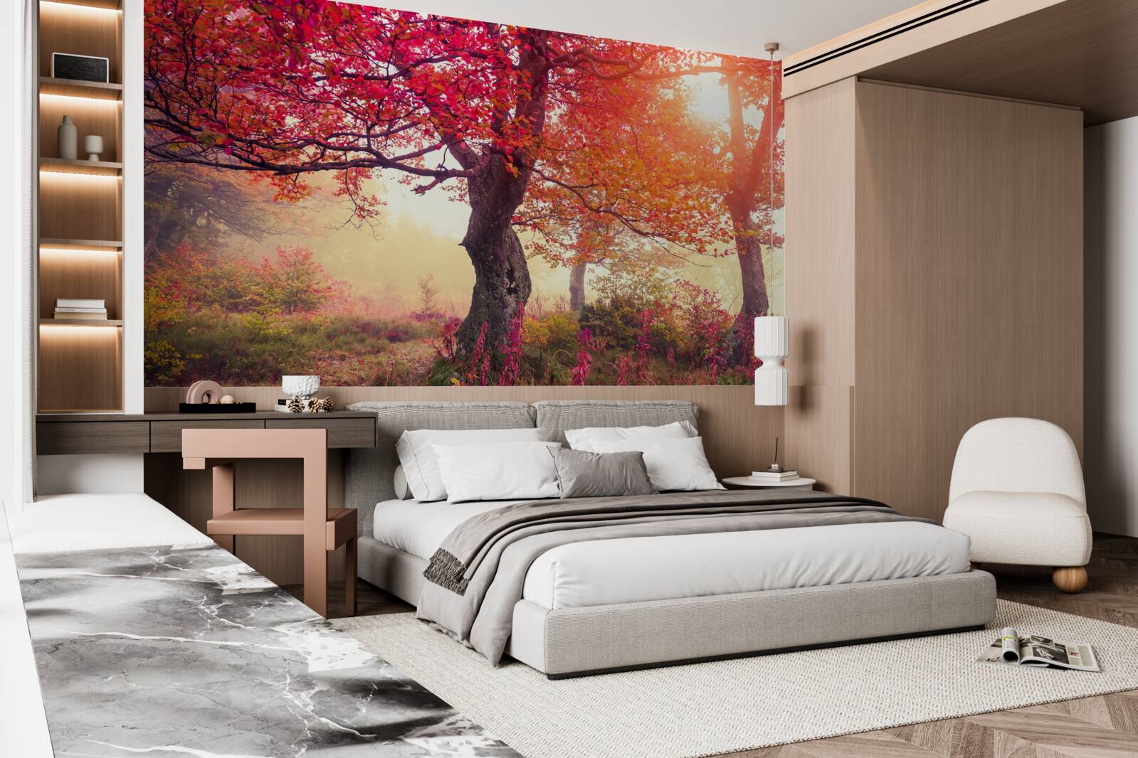 Fototapeta kvitnúce stromy uprostred hmlistého lesa