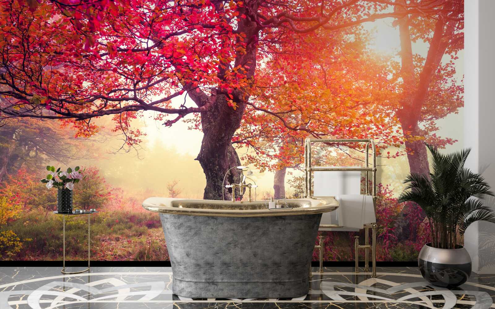 Fototapeta kvitnúce stromy uprostred hmlistého lesa