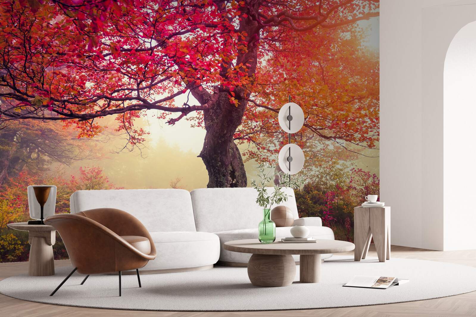 Fototapeta kvitnúce stromy uprostred hmlistého lesa