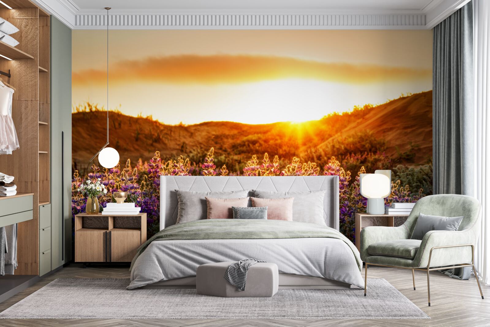 Fototapeta poľné kvety na pozadí zapadajúceho slnka