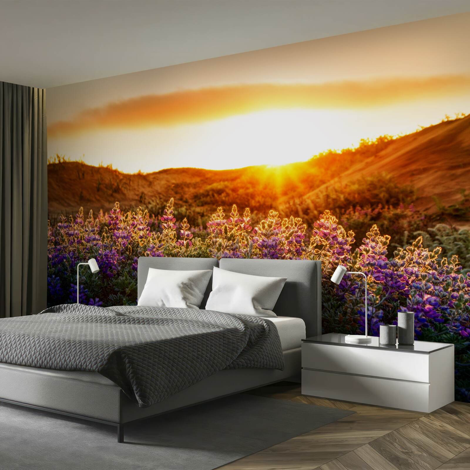 Fototapeta poľné kvety na pozadí zapadajúceho slnka