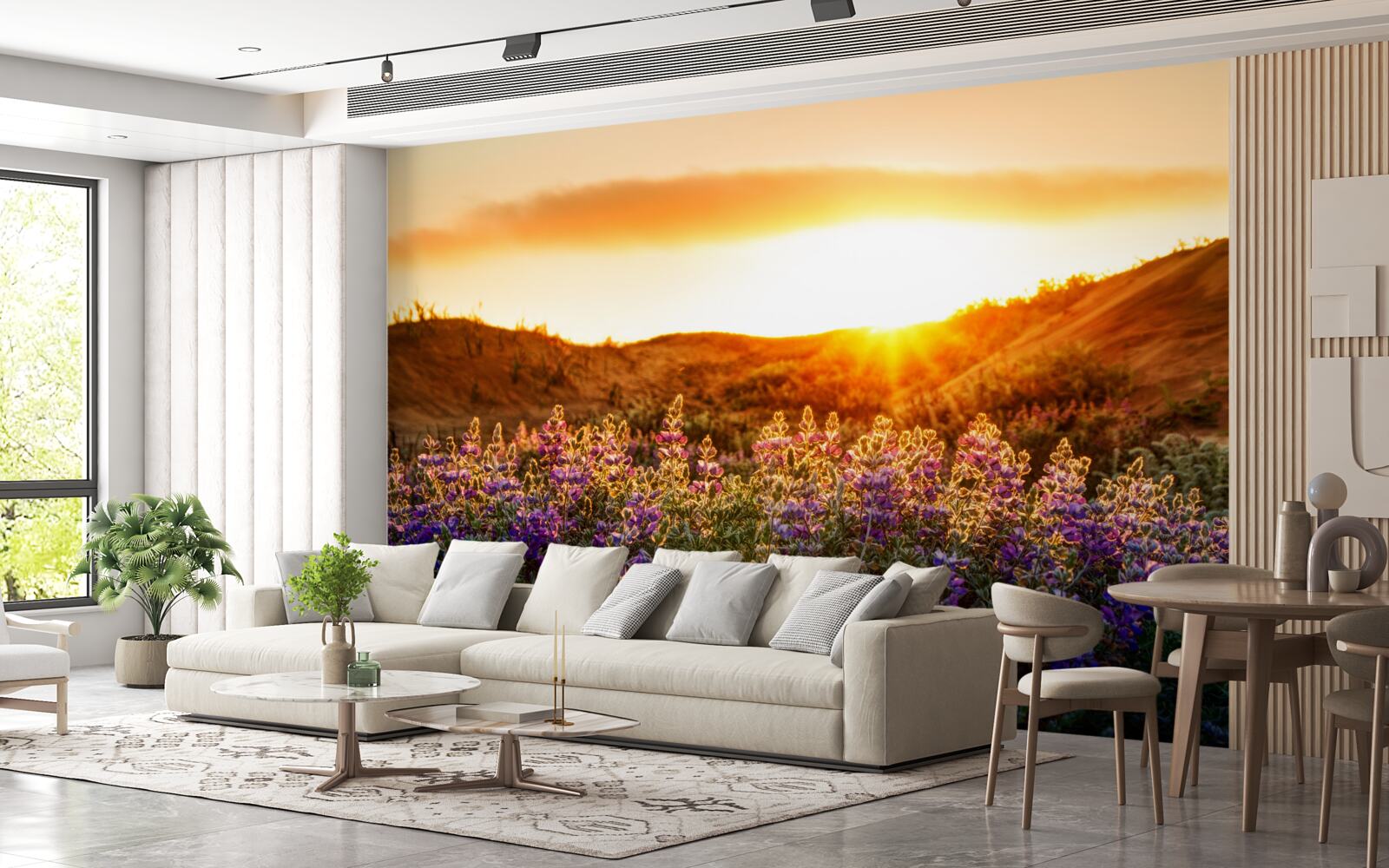 Fototapeta poľné kvety na pozadí zapadajúceho slnka